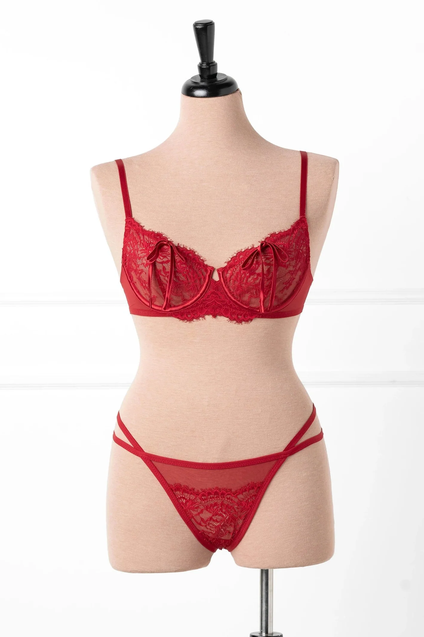 Strappy Eyelash Lace Thong - Red - Image 2