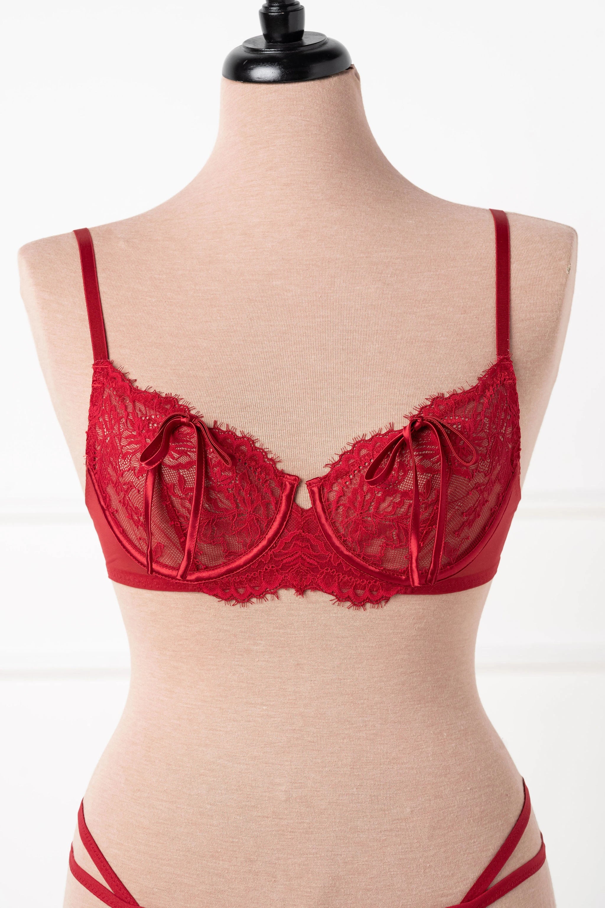 Strappy Eyelash Lace Thong - Red - Image 3