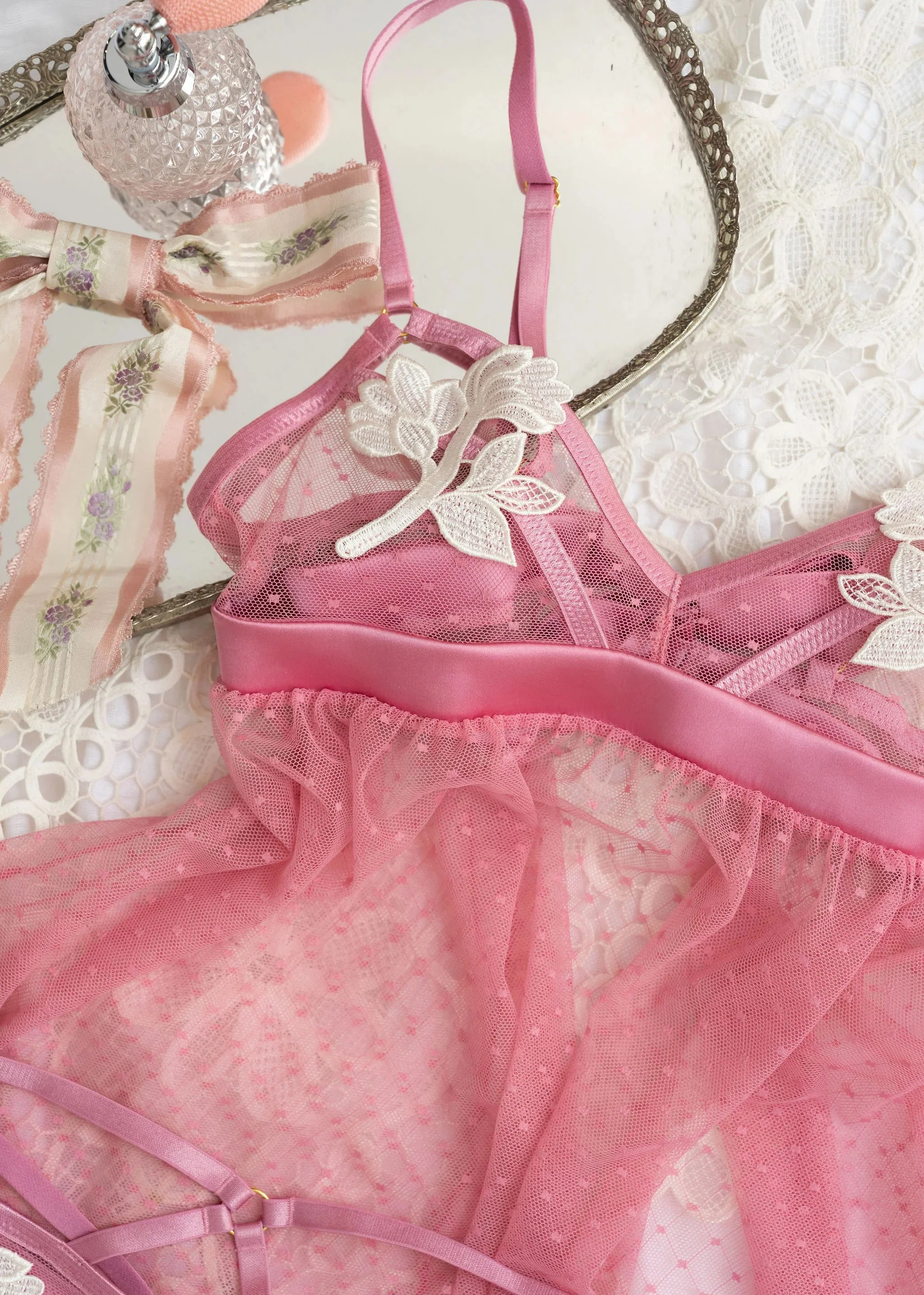 Appliqué & Diamond Mesh Babydoll - Rose - Image 13