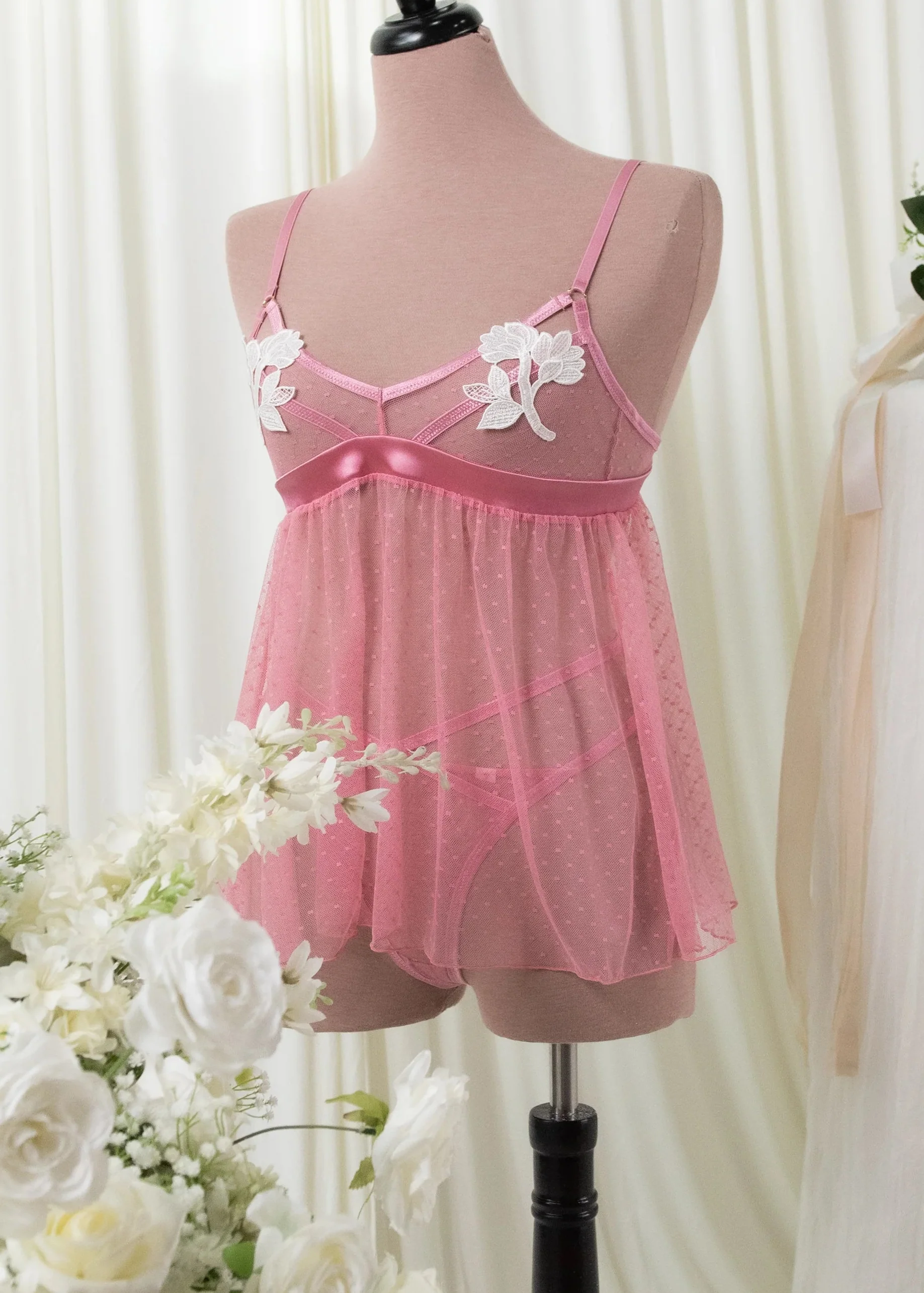 Appliqué & Diamond Mesh Babydoll - Rose - Image 15