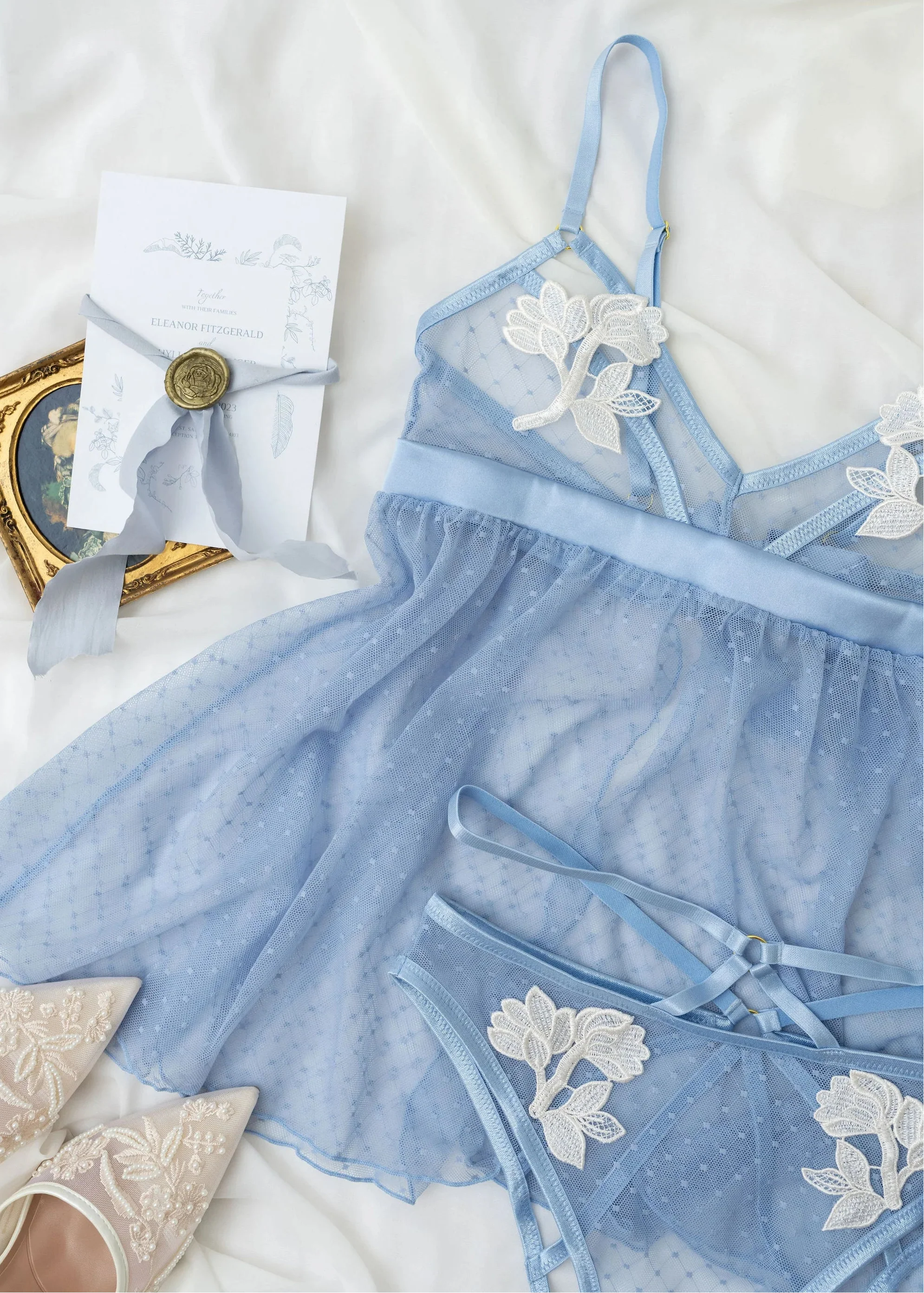 Appliqué & Diamond Mesh Babydoll - Sky Blue - Image 15