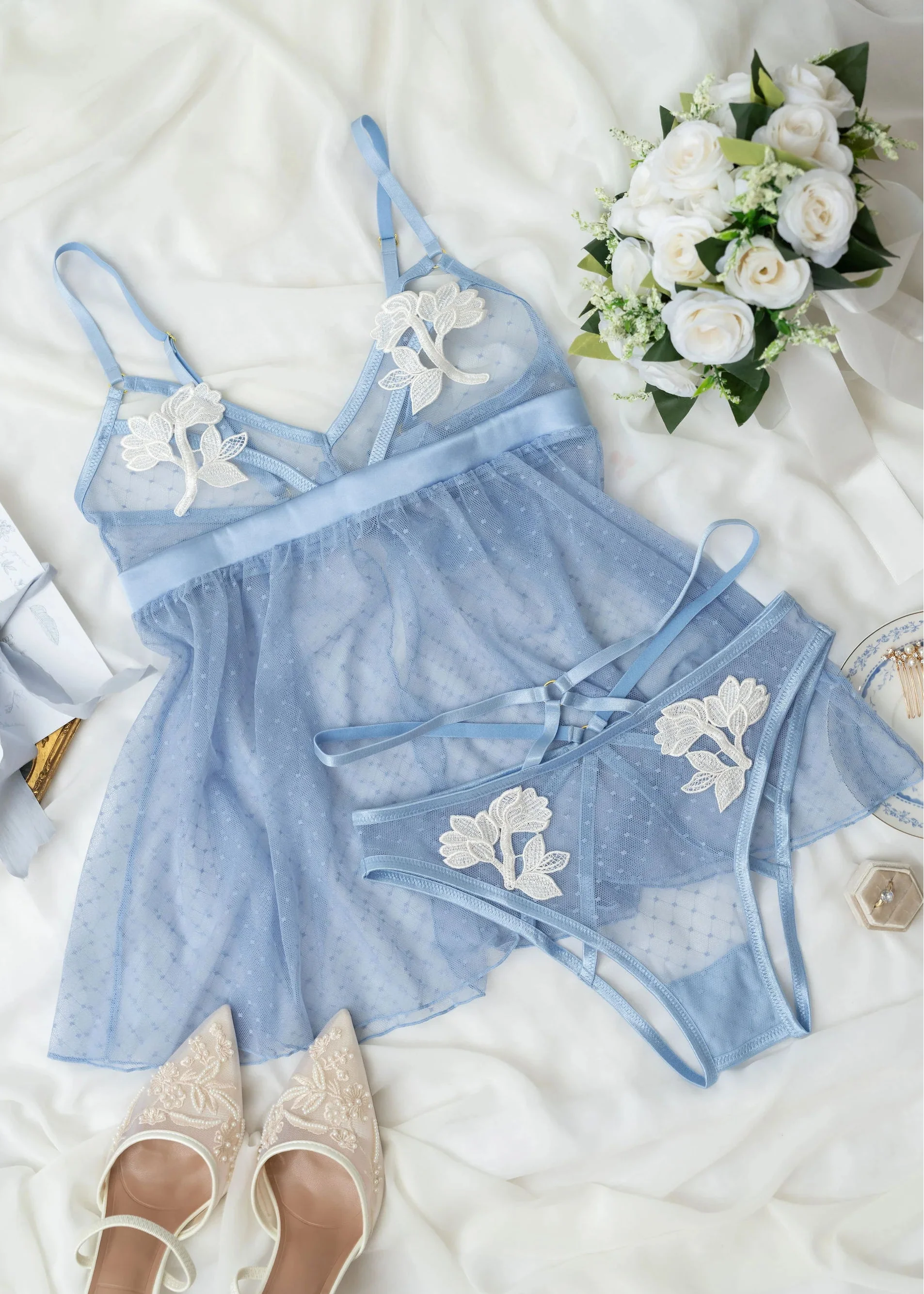 Appliqué & Diamond Mesh Babydoll - Sky Blue - Image 17