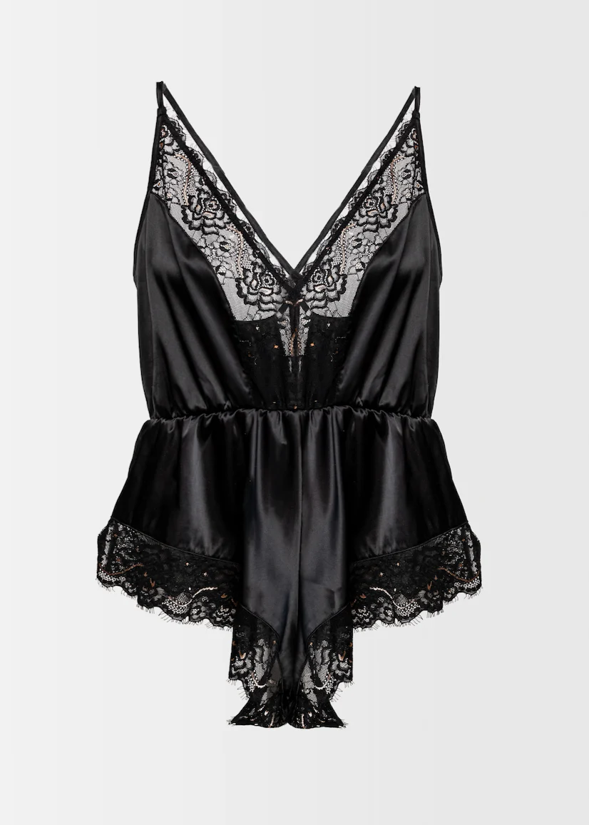 Satin Eyelash Lace Romper - Black Espresso - Image 19