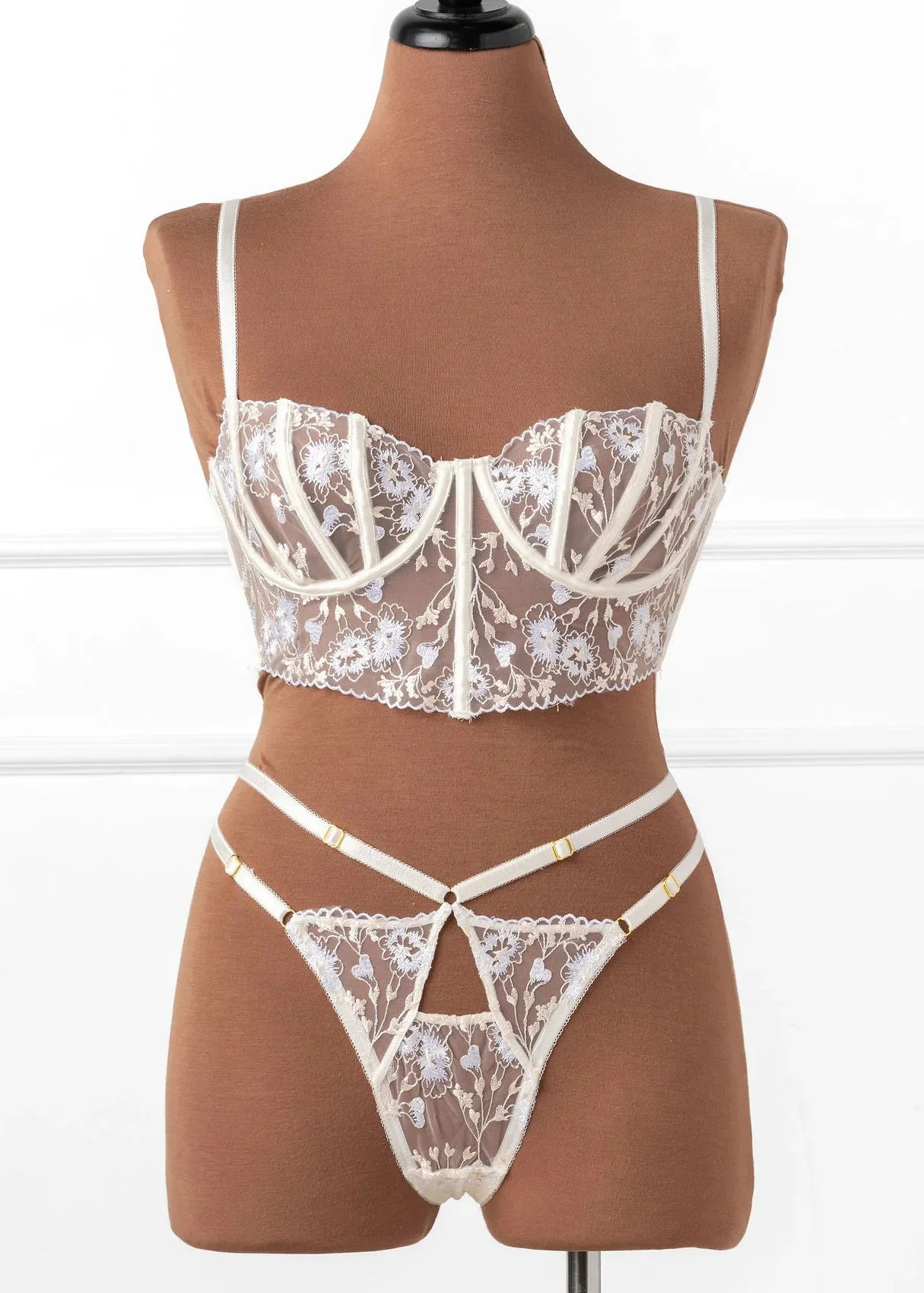 Embroidered Strappy Thong - Pearl - Image 3