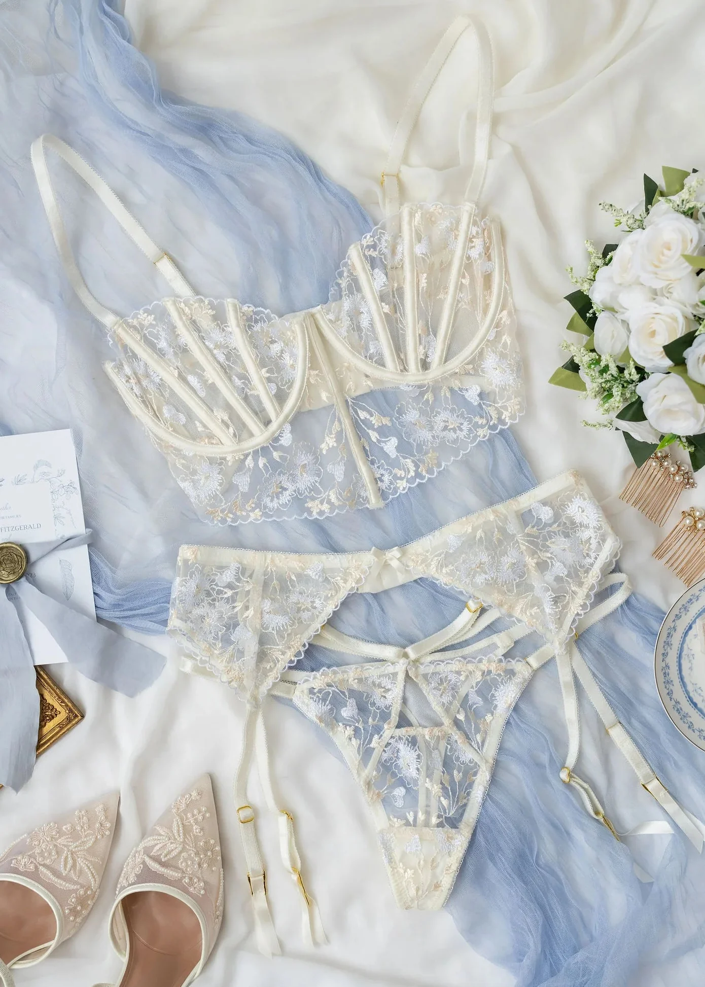 Embroidered Underwire Bustier - Pearl - Image 15