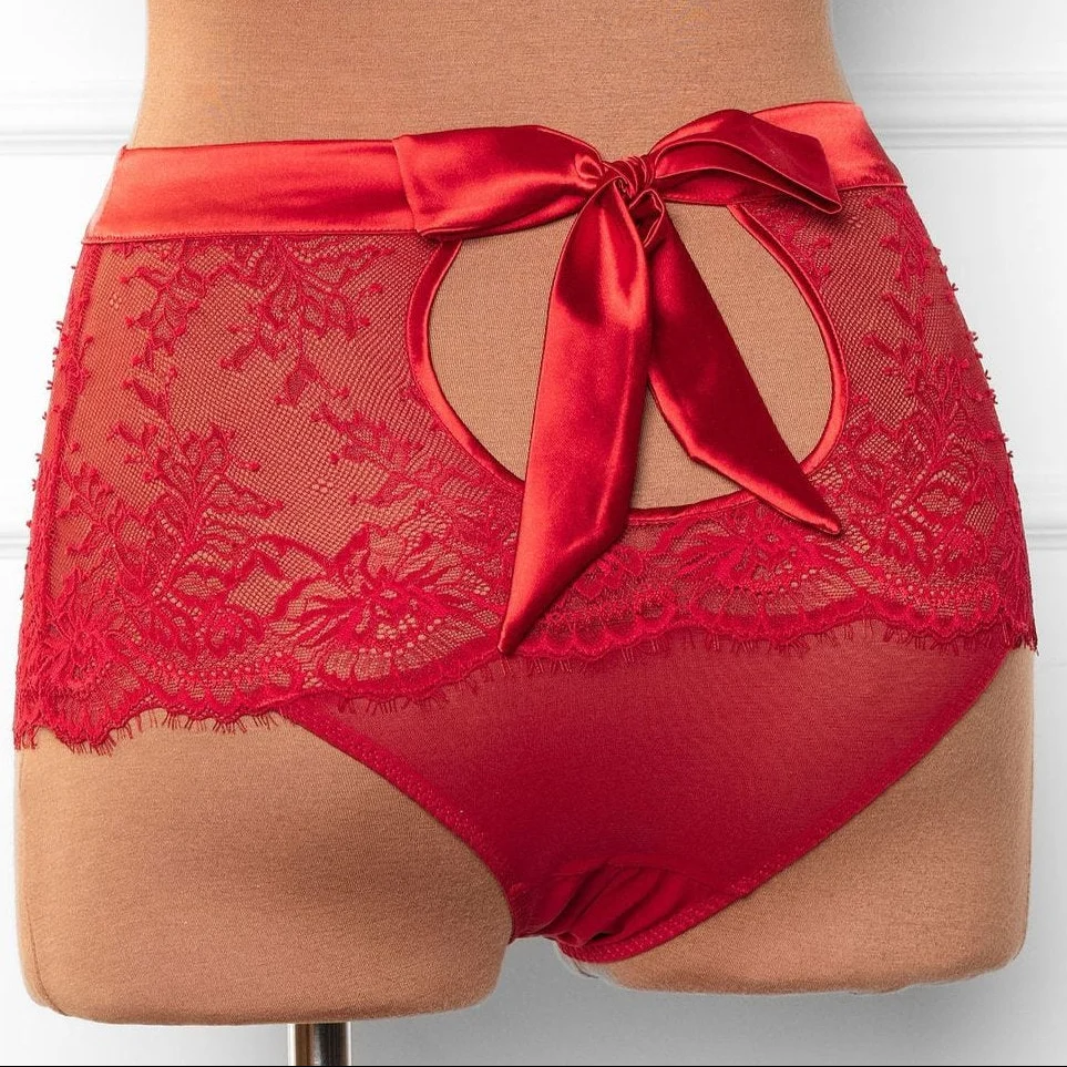 Eyelash Lace Bow High Waist Crotchless Panty - Red