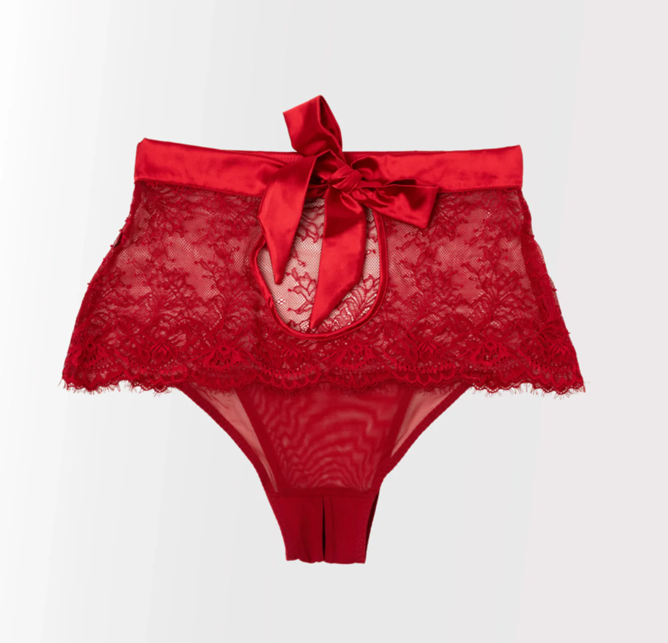 Eyelash Lace Bow High Waist Crotchless Panty - Red - Image 16