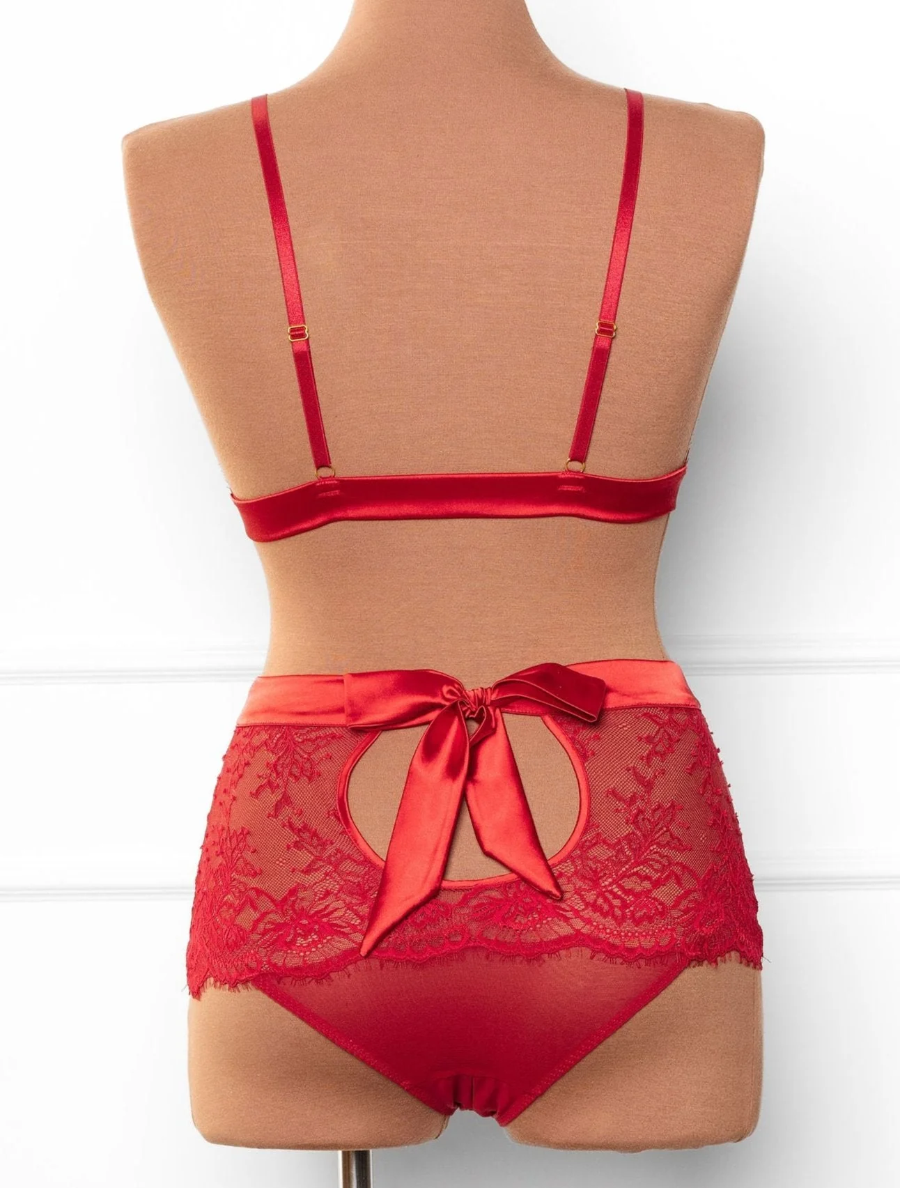 Eyelash Lace Bow High Waist Crotchless Panty - Red - Image 3