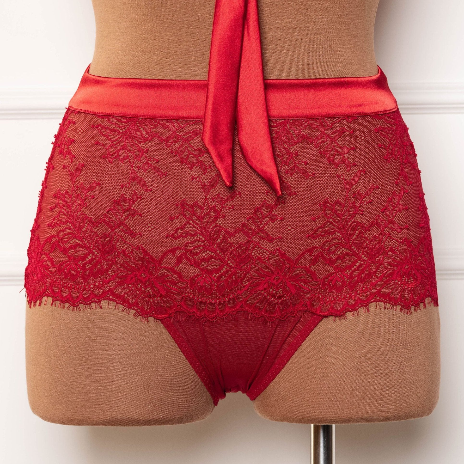 Eyelash Lace Bow High Waist Crotchless Panty - Red - Image 4