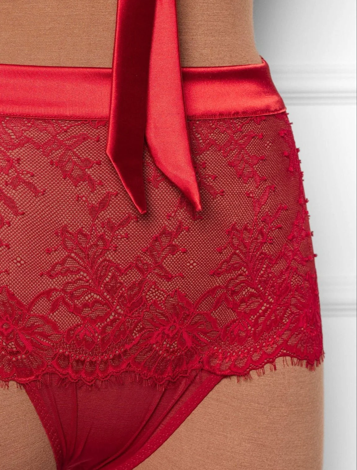 Eyelash Lace Bow High Waist Crotchless Panty - Red - Image 7