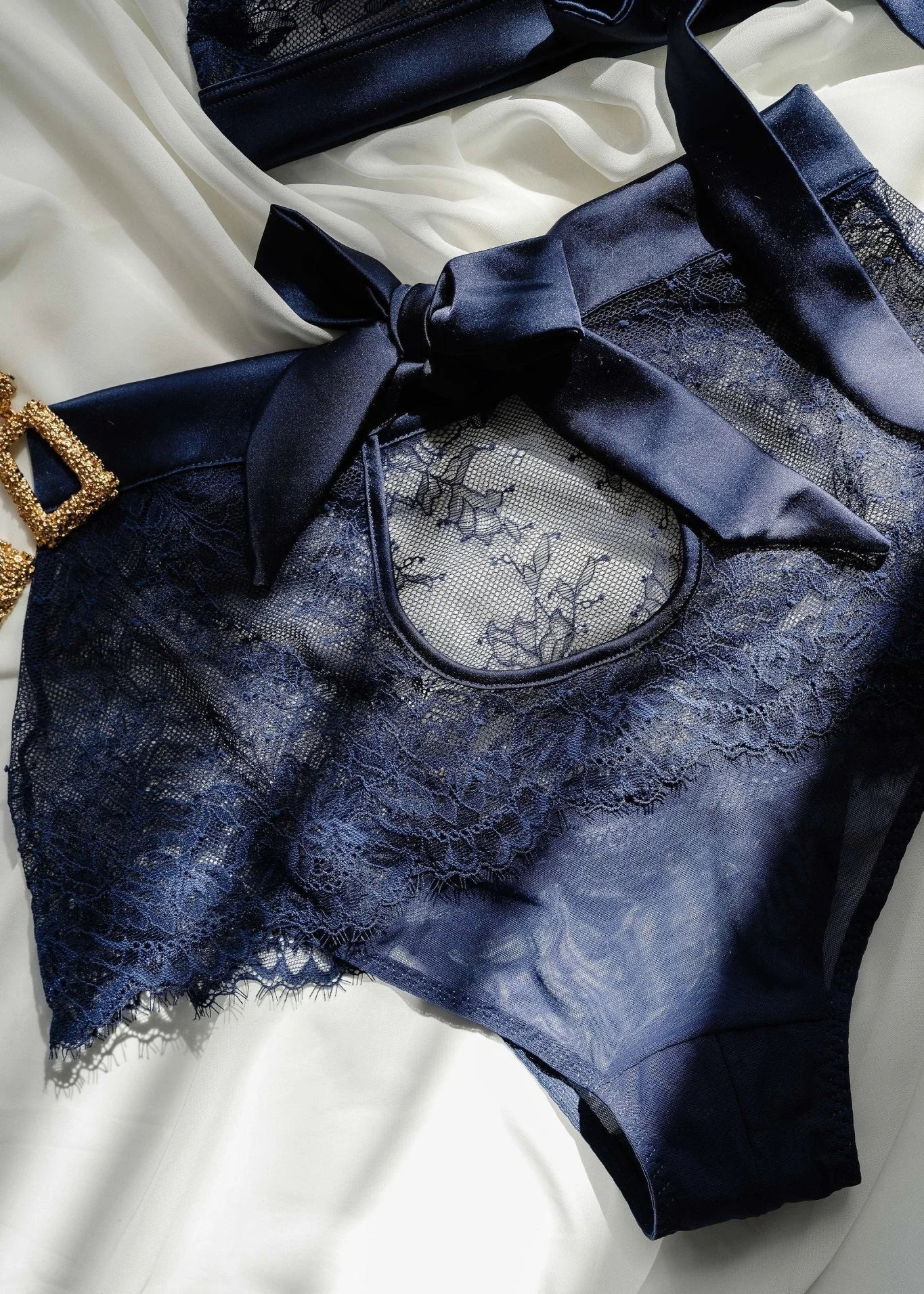 Eyelash Lace Bow High Waist Crotchless Panty - Navy - Image 3
