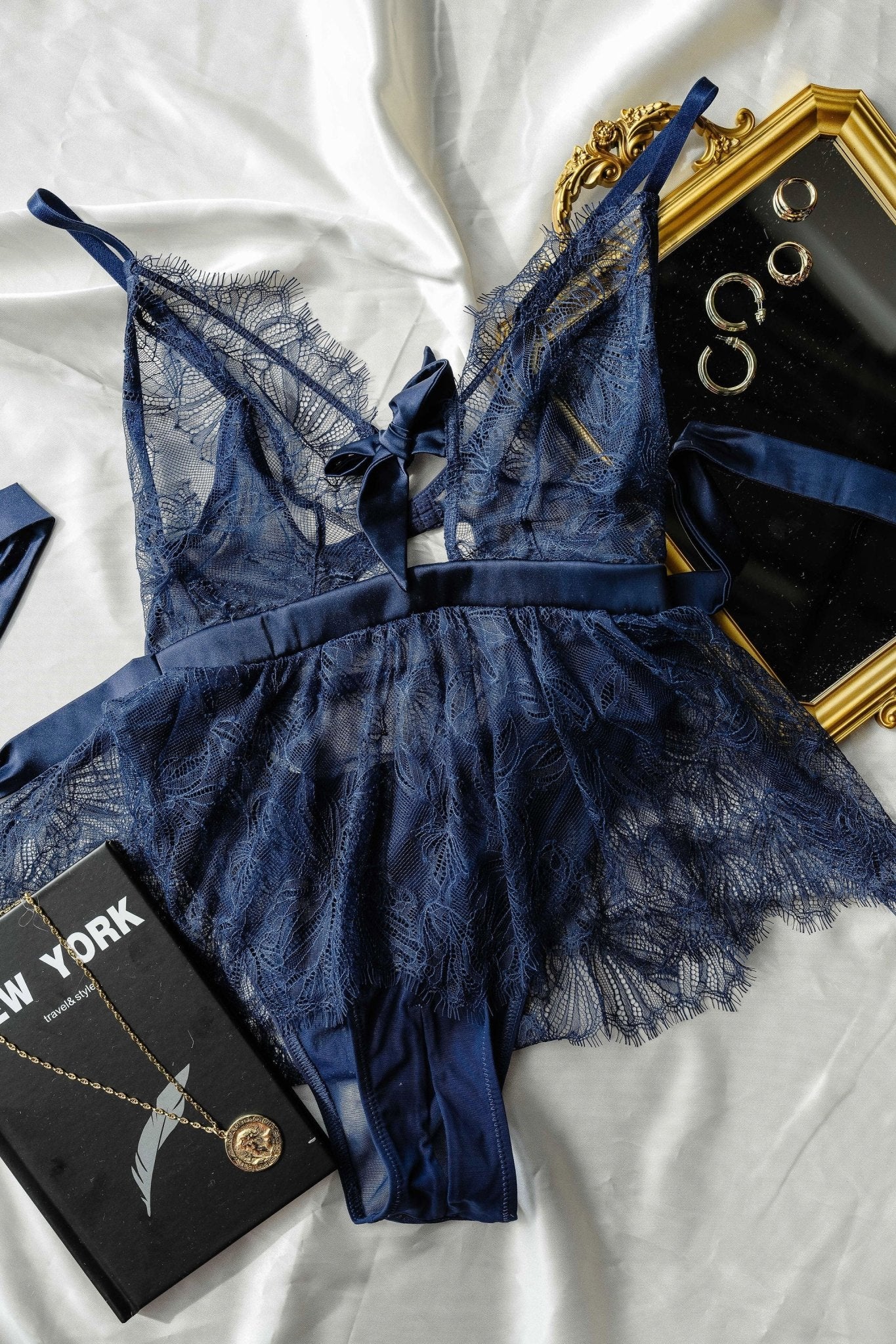 Eyelash Lace Crotchless Teddy - Navy - Image 12