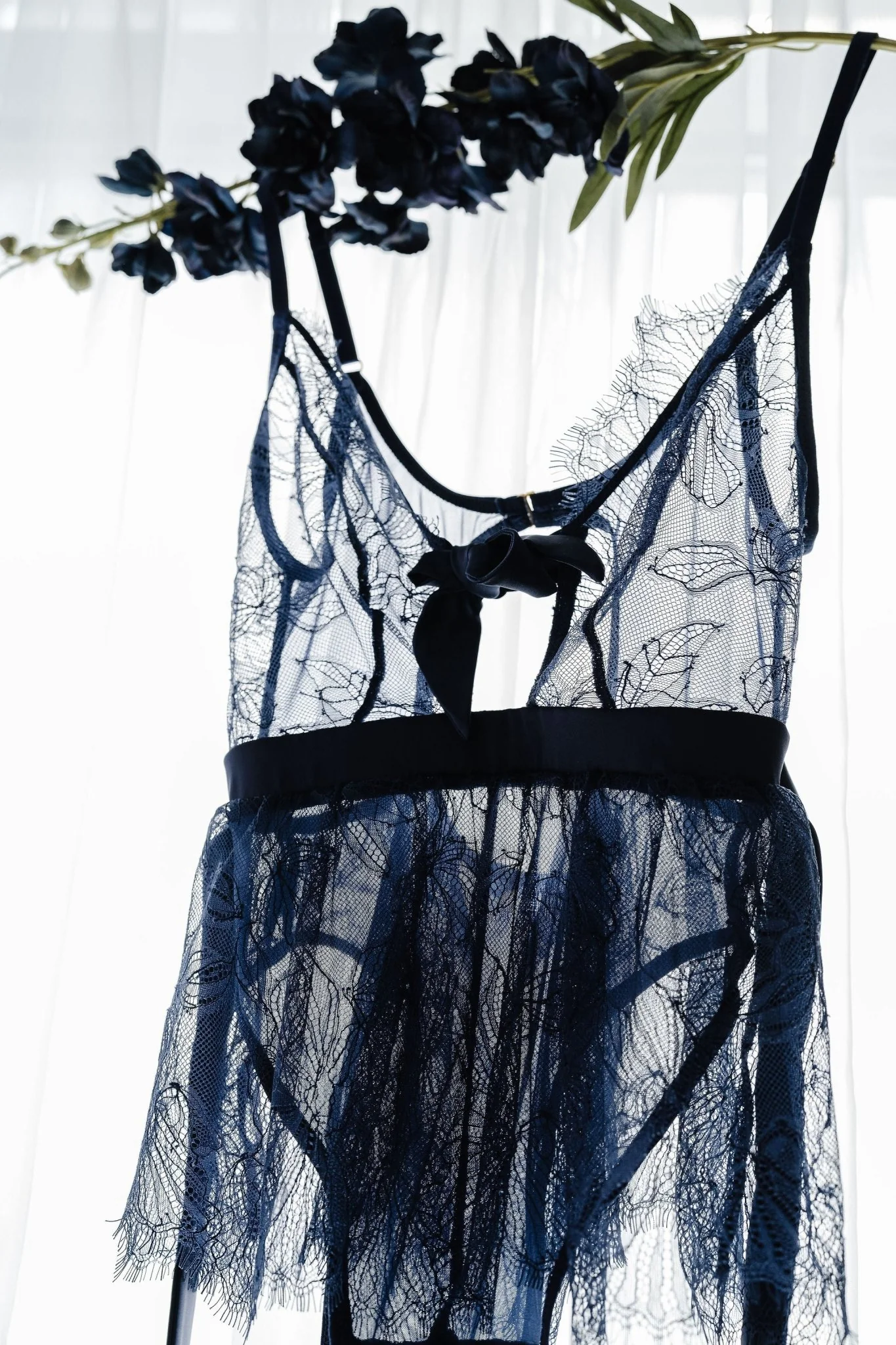 Eyelash Lace Crotchless Teddy - Navy - Image 15