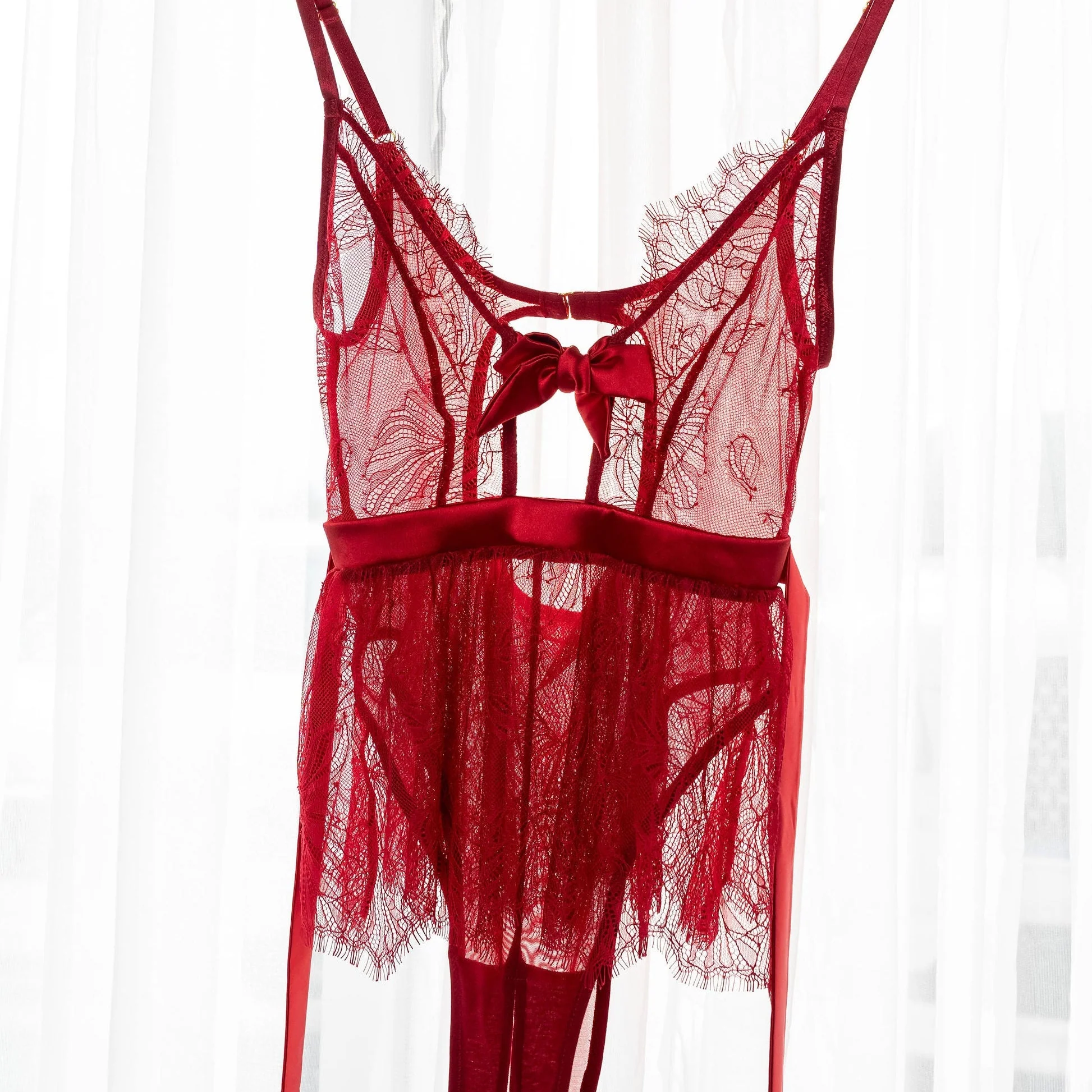 Eyelash Lace Crotchless Teddy - Red - Image 12