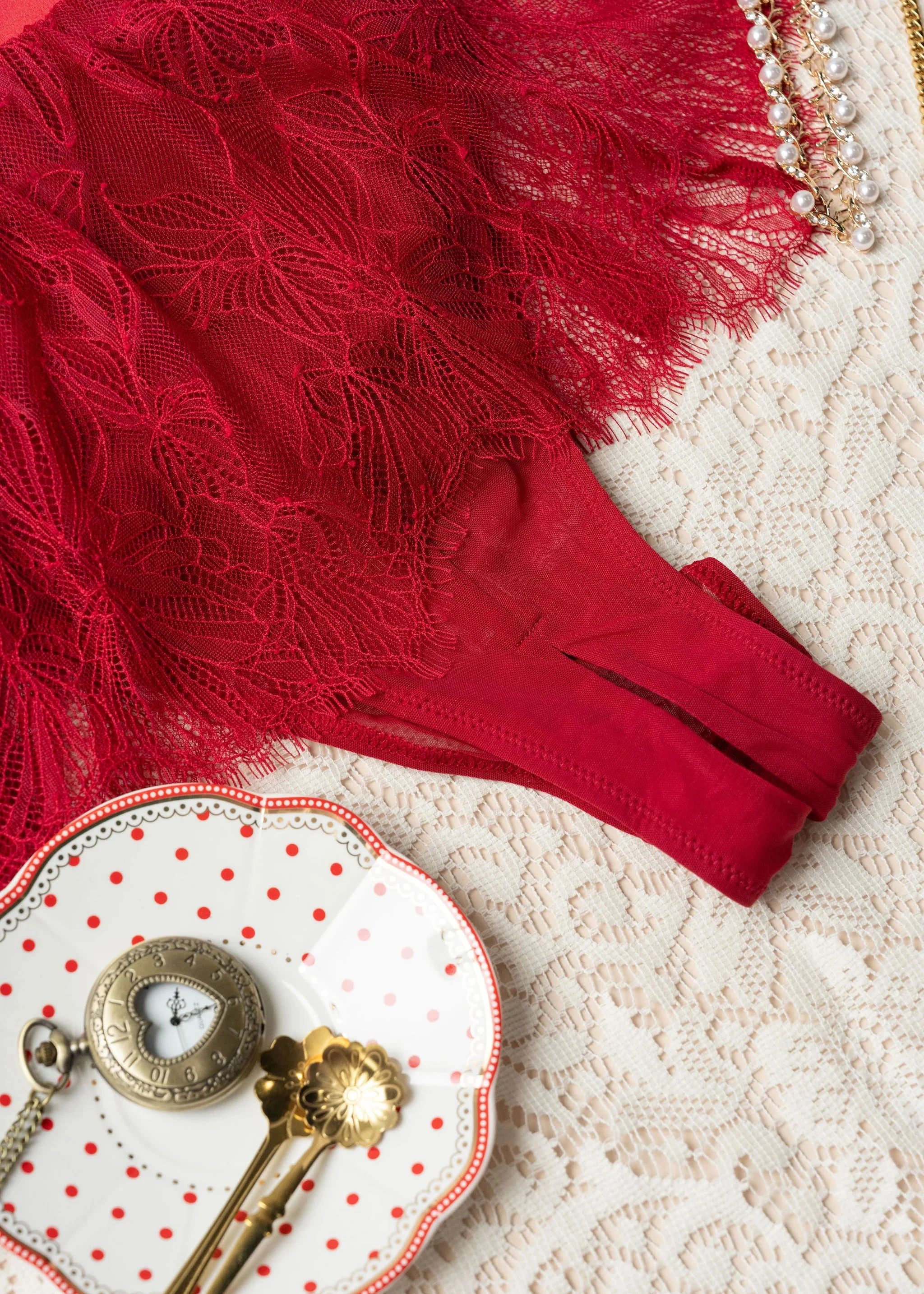 Eyelash Lace Crotchless Teddy - Red - Image 14