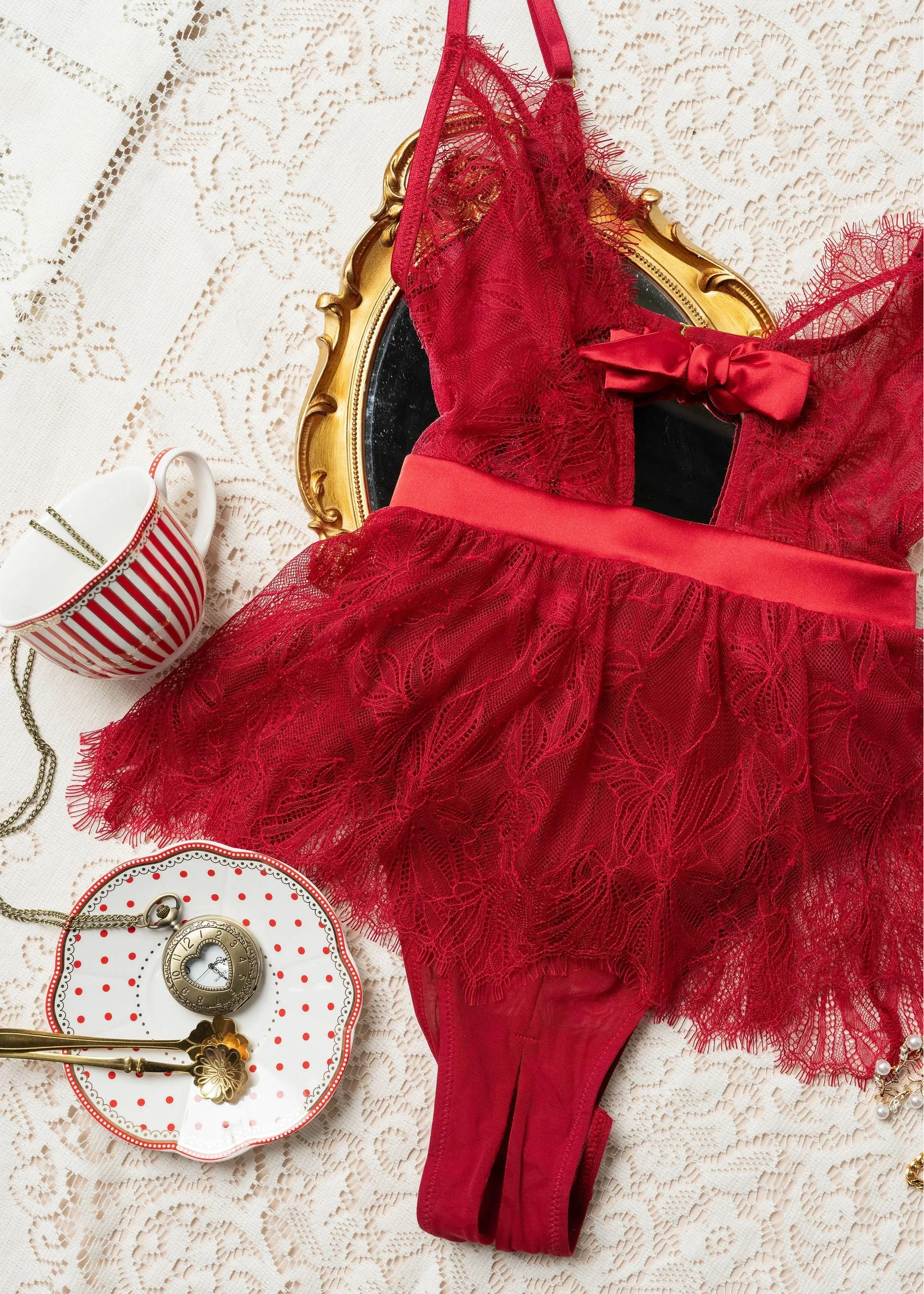 Eyelash Lace Crotchless Teddy - Red - Image 15