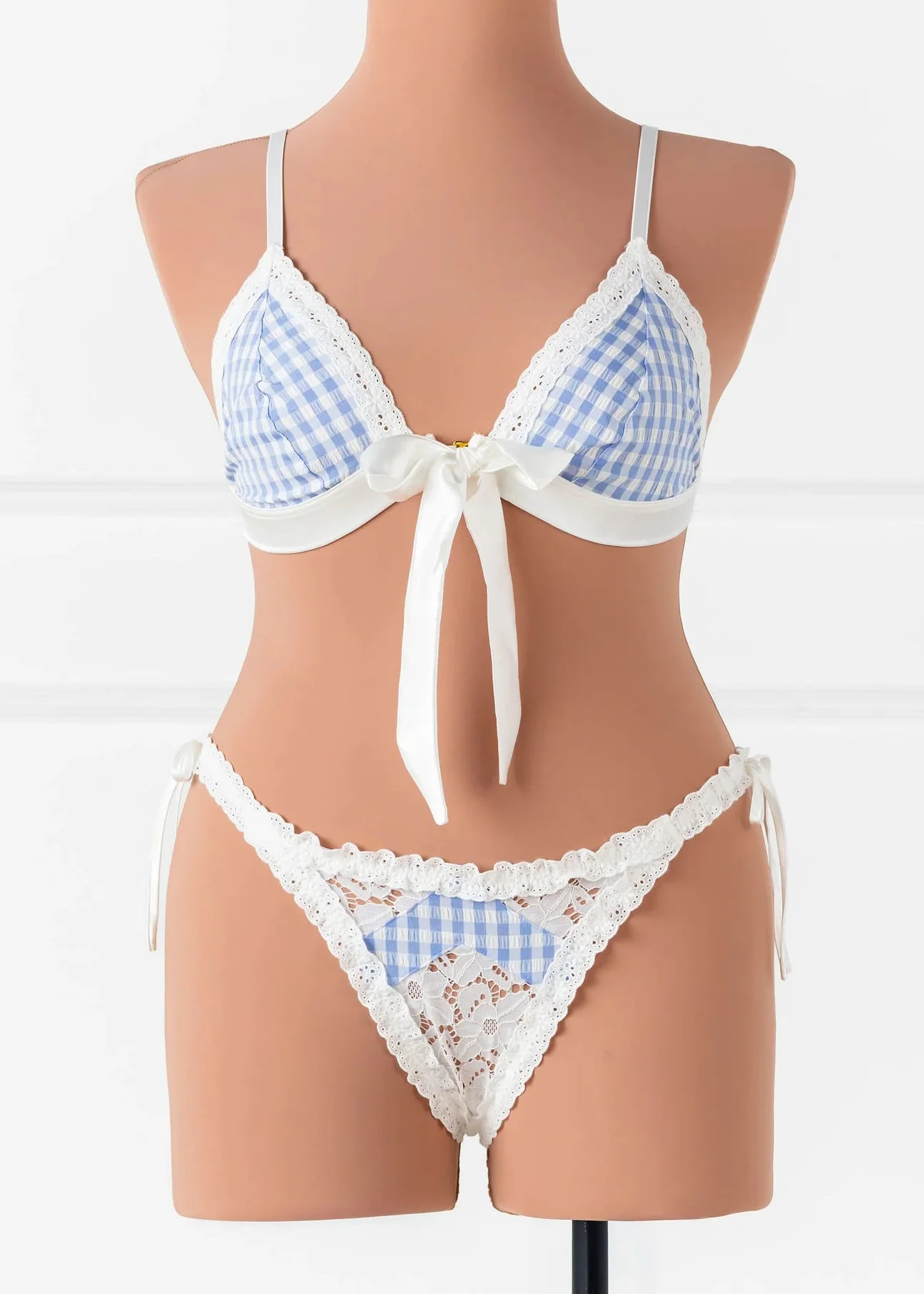 Gingham & Eyelet Ruffle Thong - Blue - Image 2