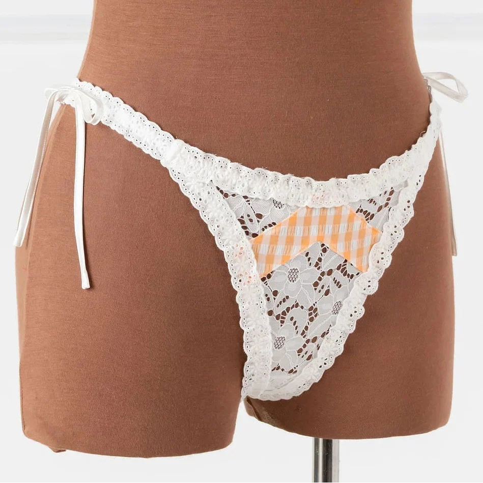 Gingham & Eyelet Ruffle Thong - Peach