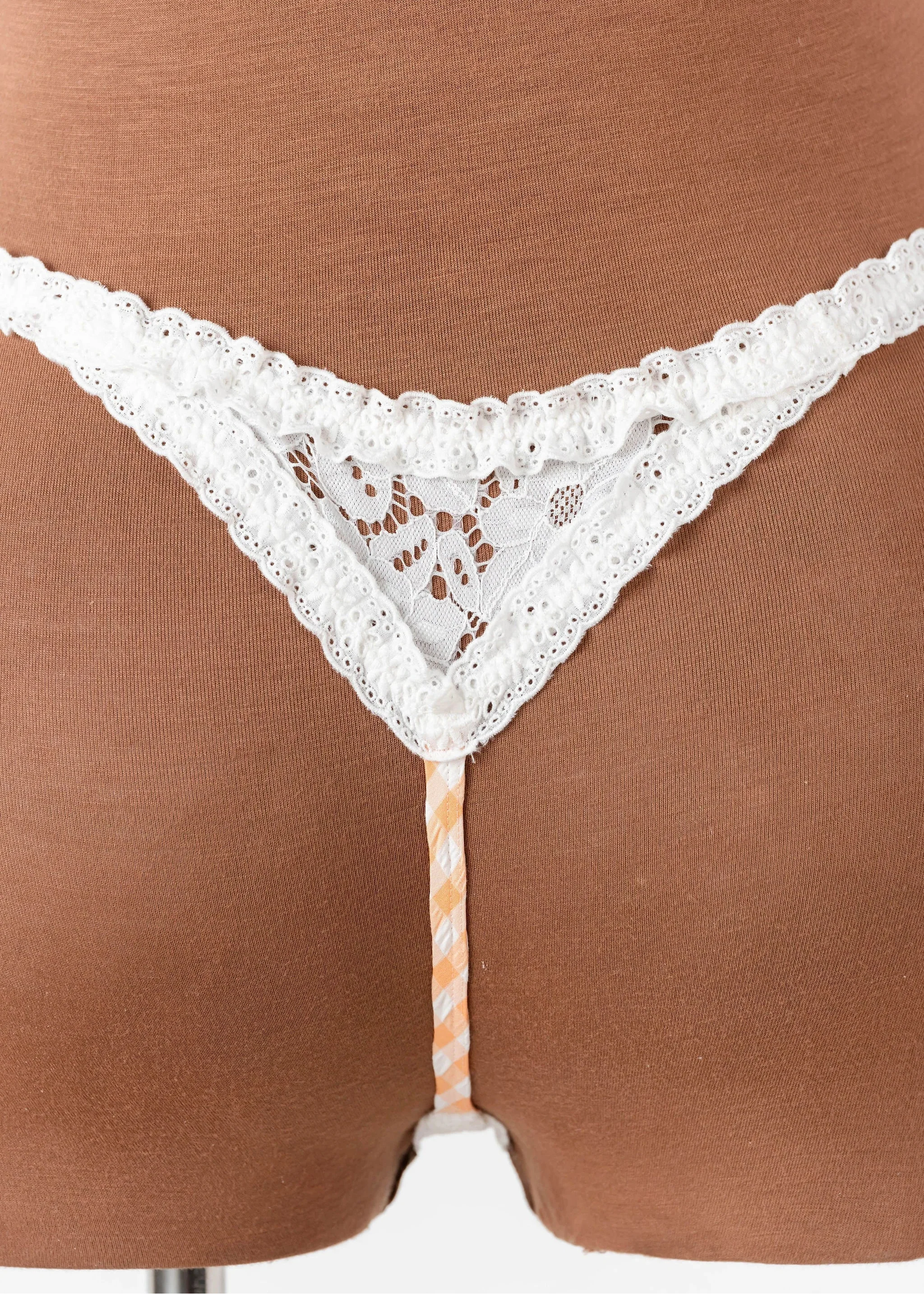 Gingham & Eyelet Ruffle Thong - Peach - Image 7