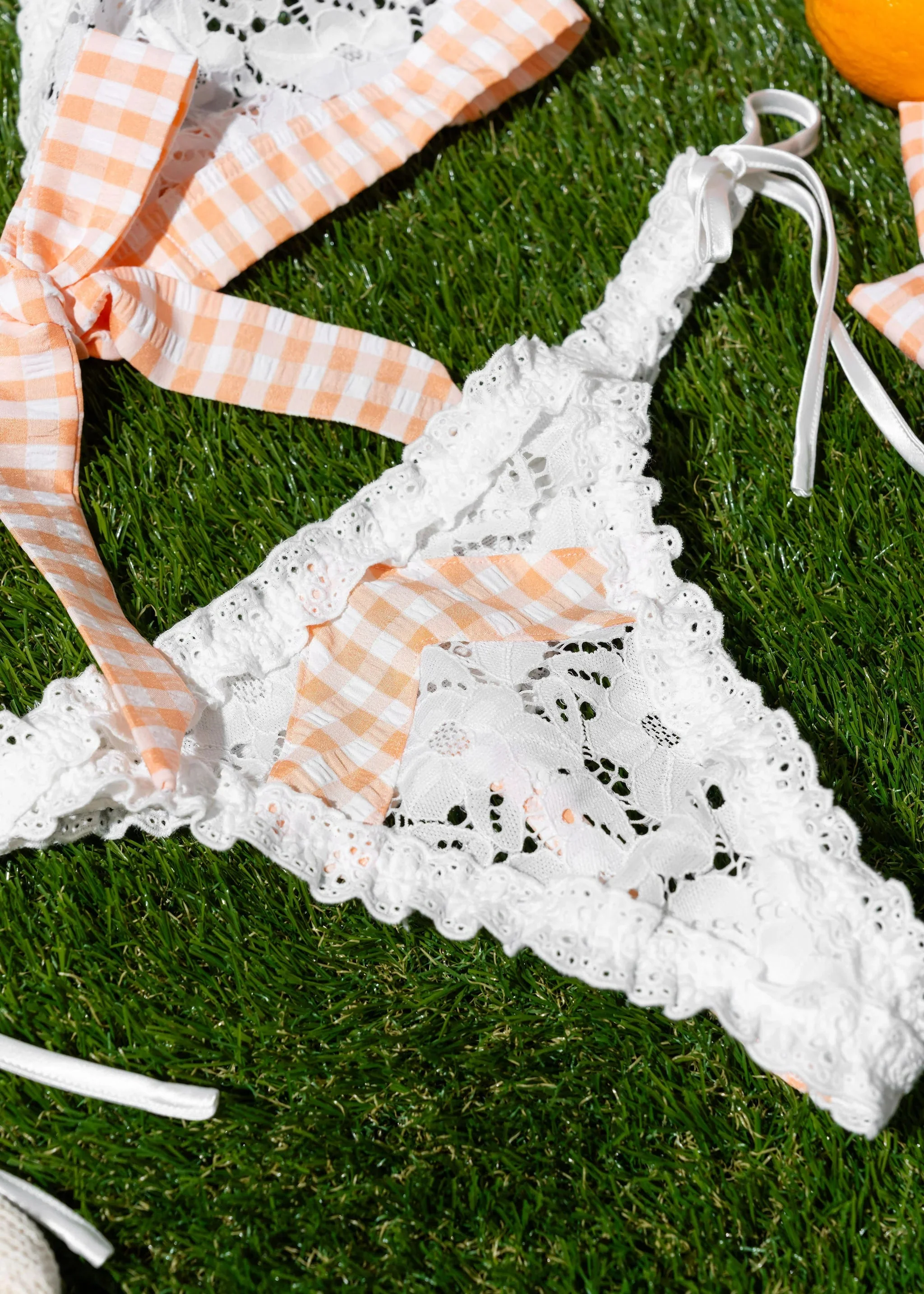 Gingham & Eyelet Ruffle Thong - Peach - Image 9