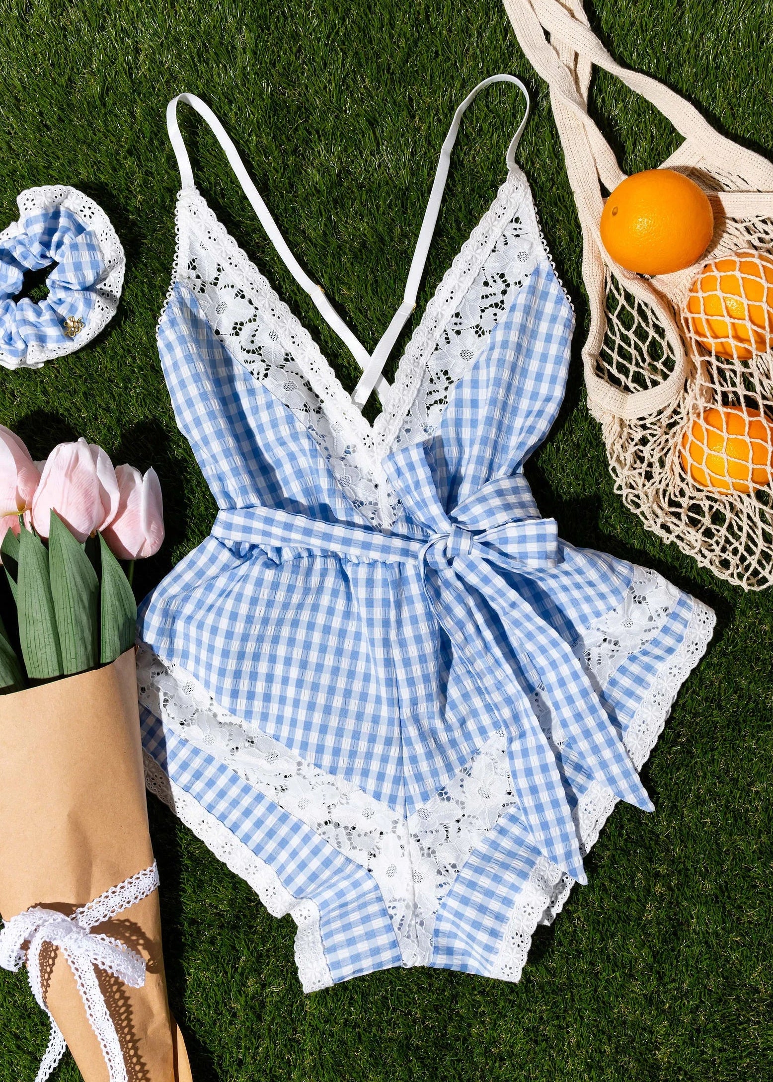 Gingham & Lace Romper - Blue - Image 12