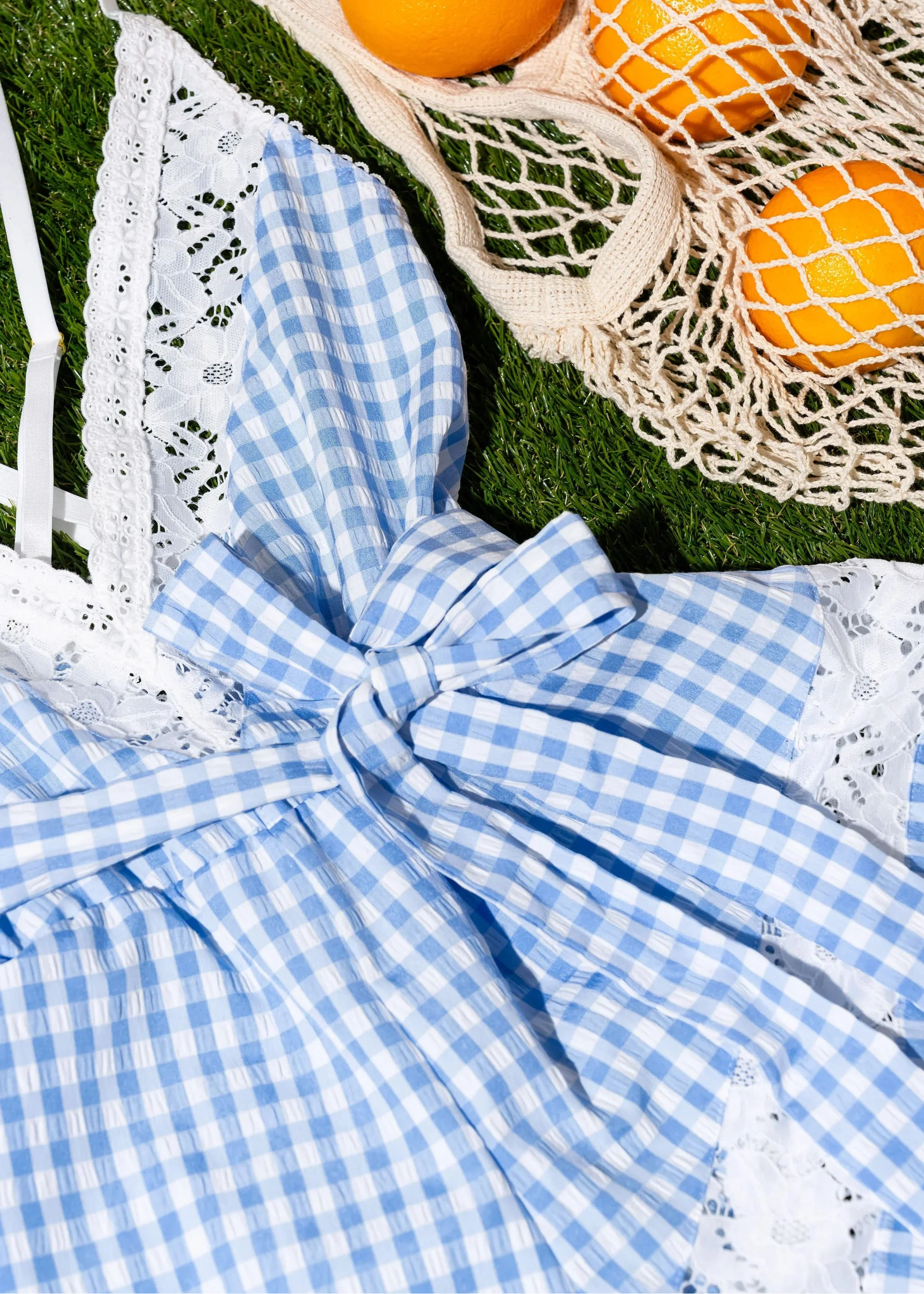 Gingham & Lace Romper - Blue - Image 13