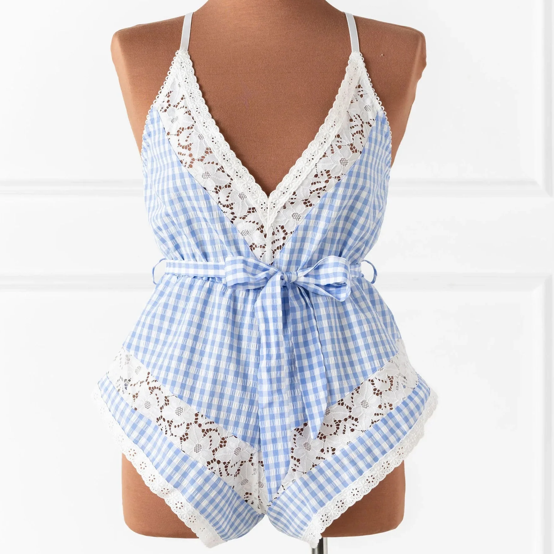 Gingham & Lace Romper - Blue - Image 3