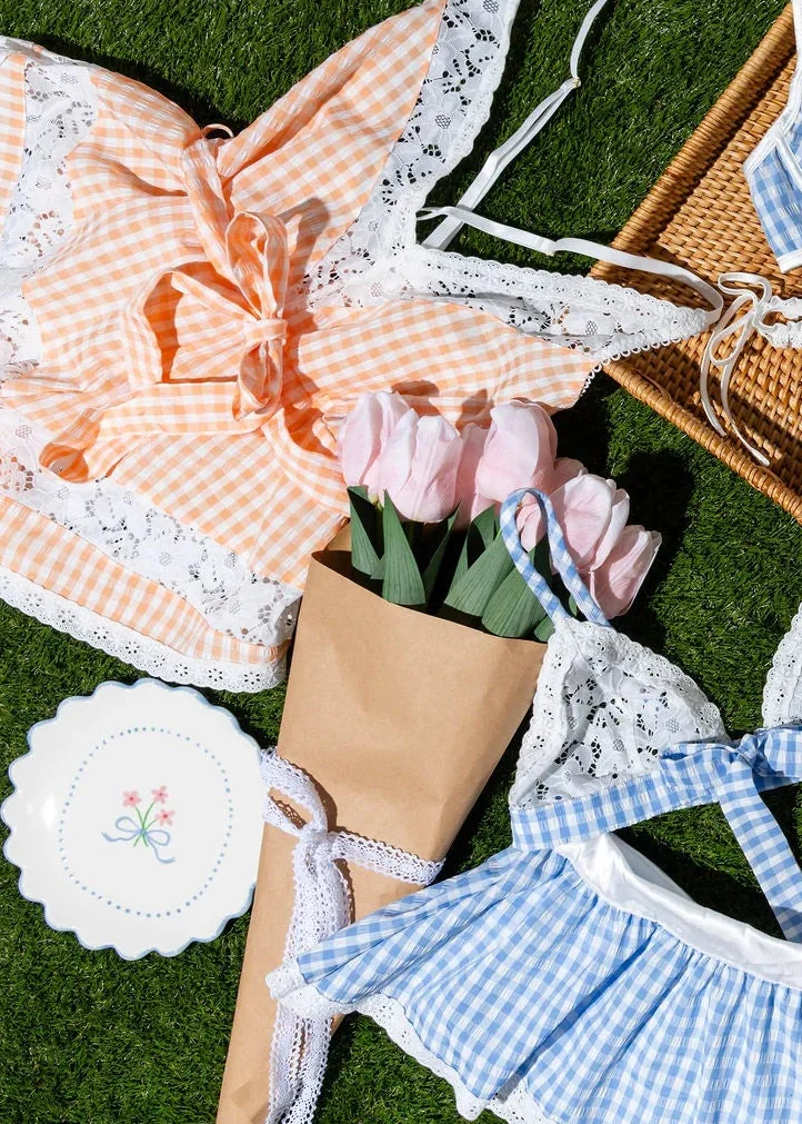 Gingham & Lace Romper - Peach - Image 12