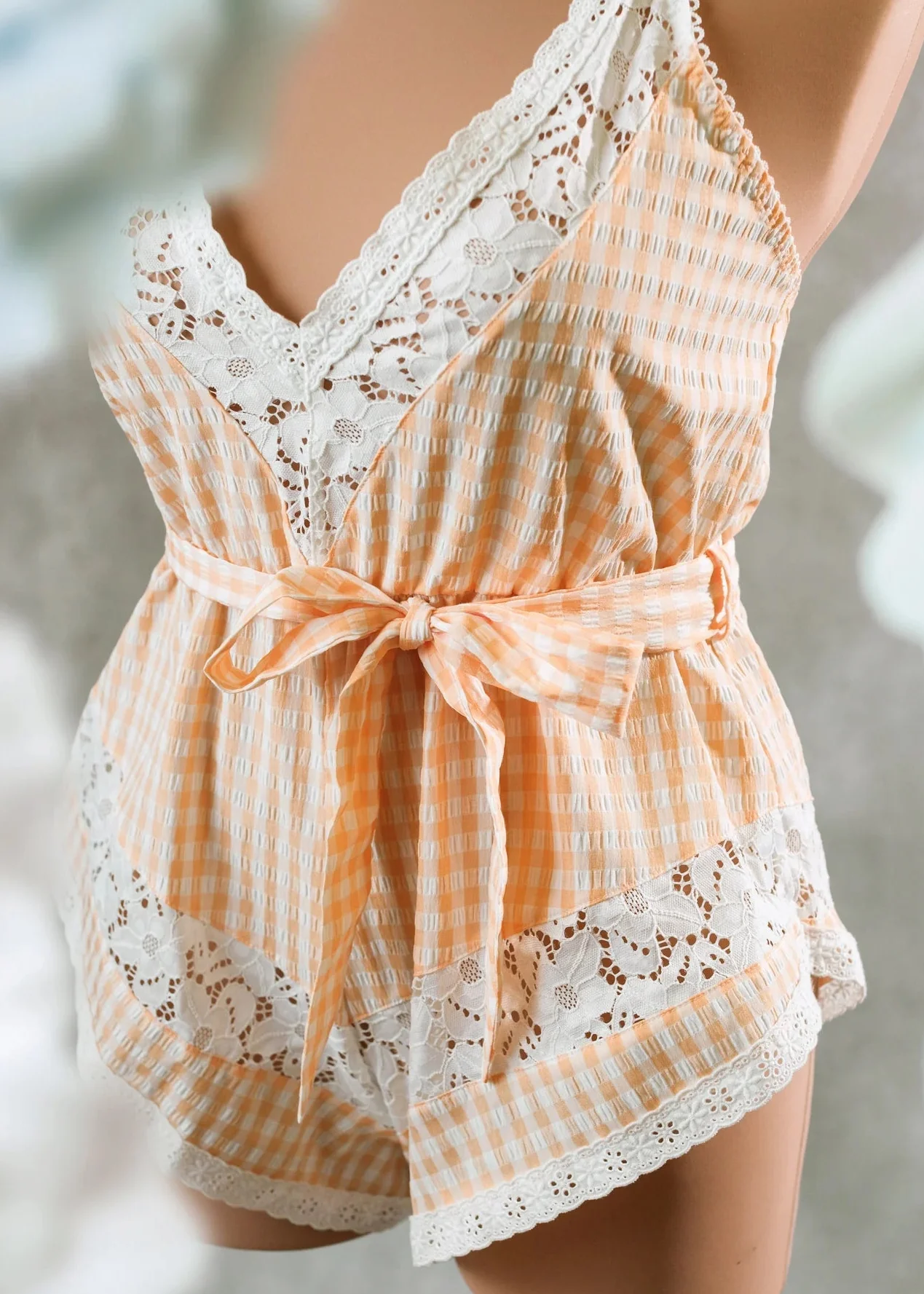 Gingham & Lace Romper - Peach - Image 13