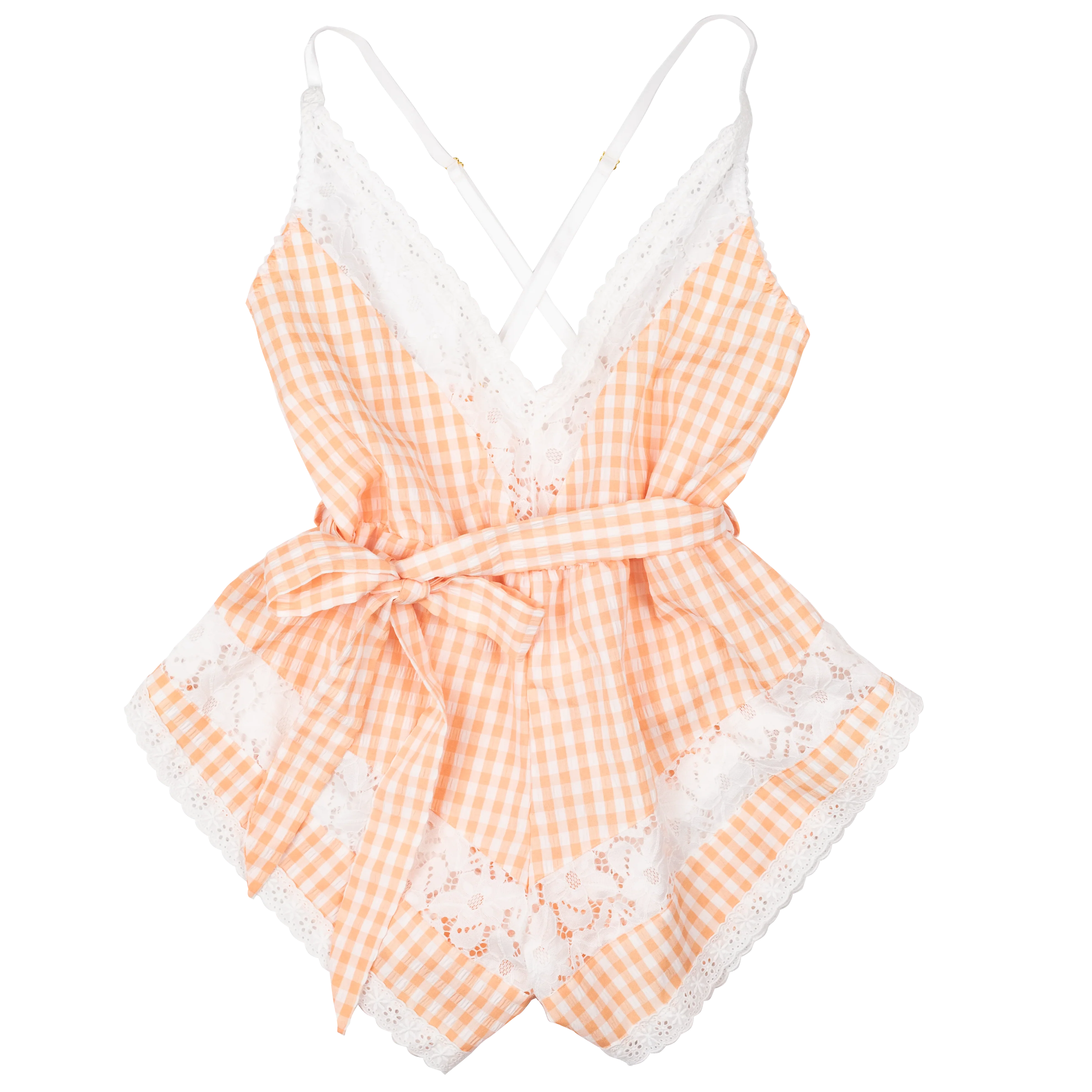 Gingham & Lace Romper - Peach - Image 14