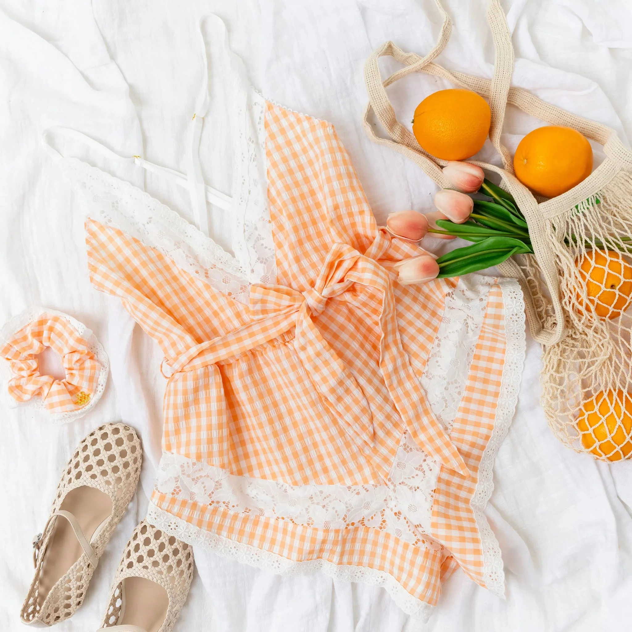 Gingham & Lace Romper - Peach - Image 6