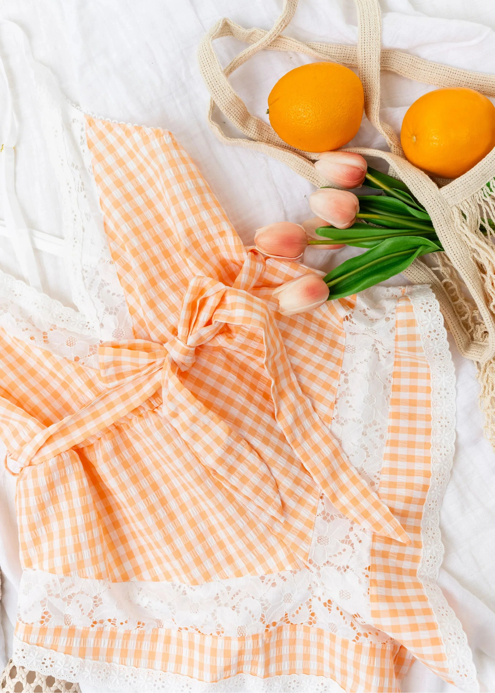 Gingham & Lace Romper - Peach - Image 7