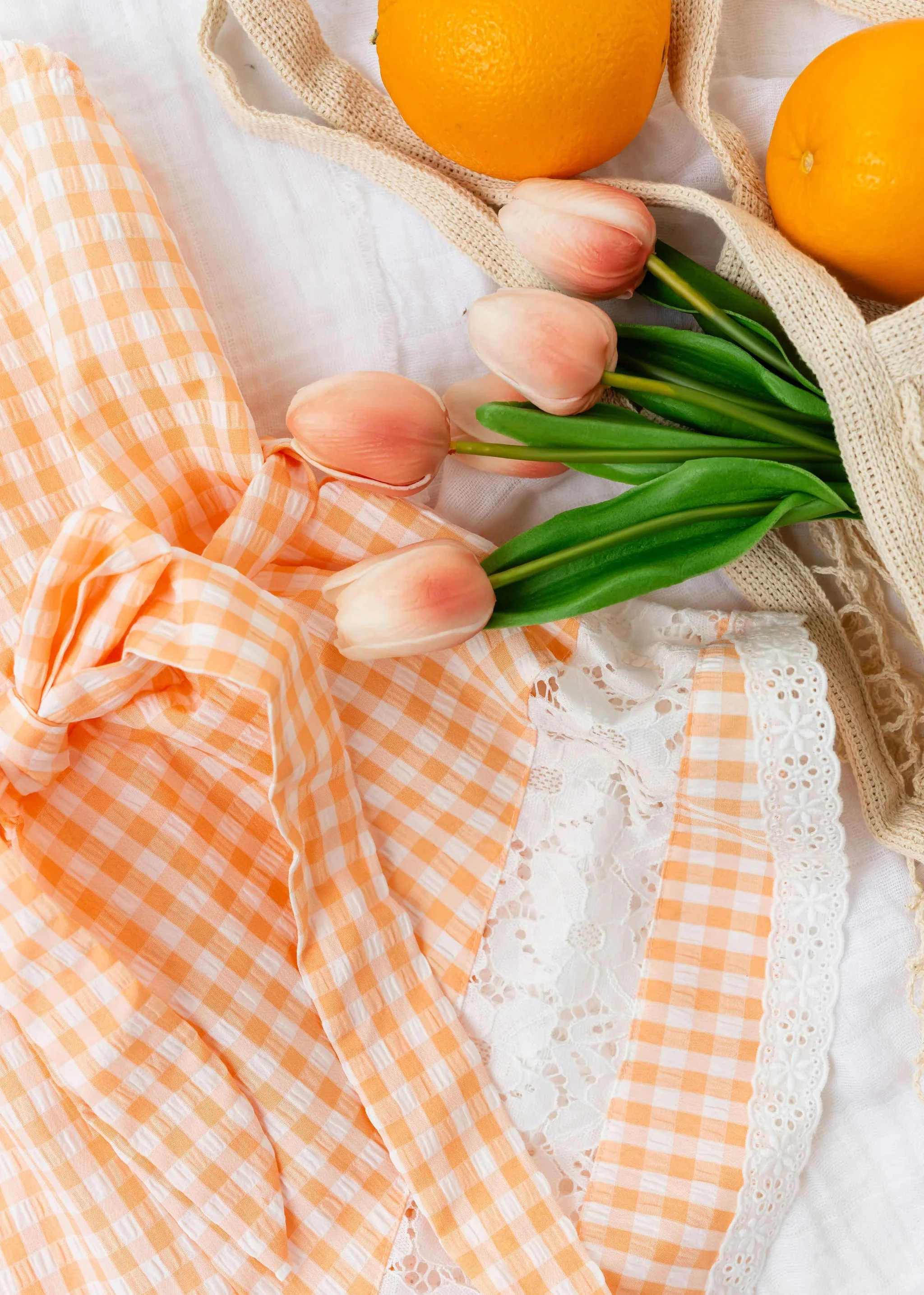 Gingham & Lace Romper - Peach - Image 8