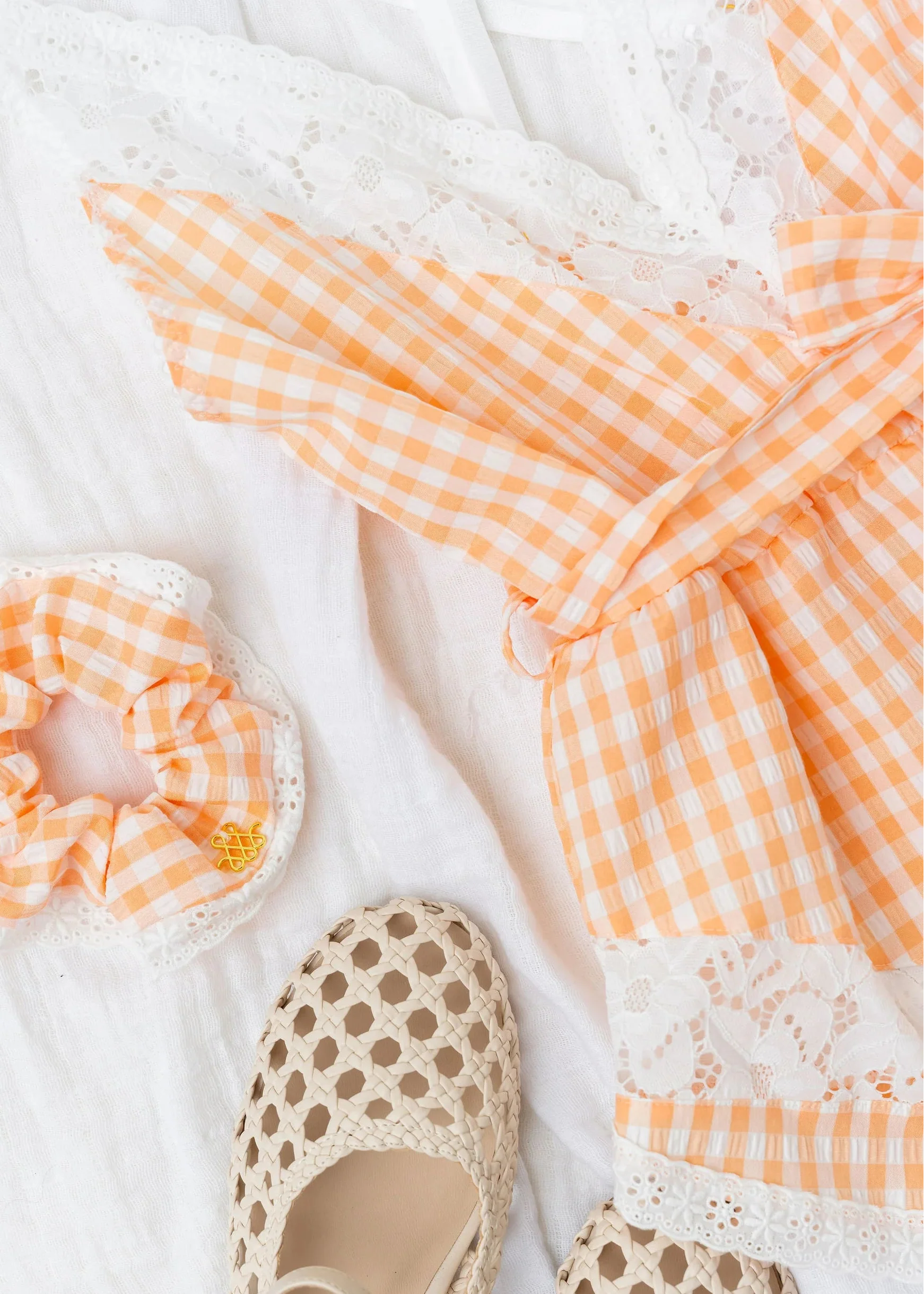Gingham & Lace Romper - Peach - Image 9