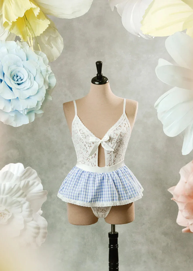 Gingham & Lace Skirted Crotchless Teddy - Blue - Image 17