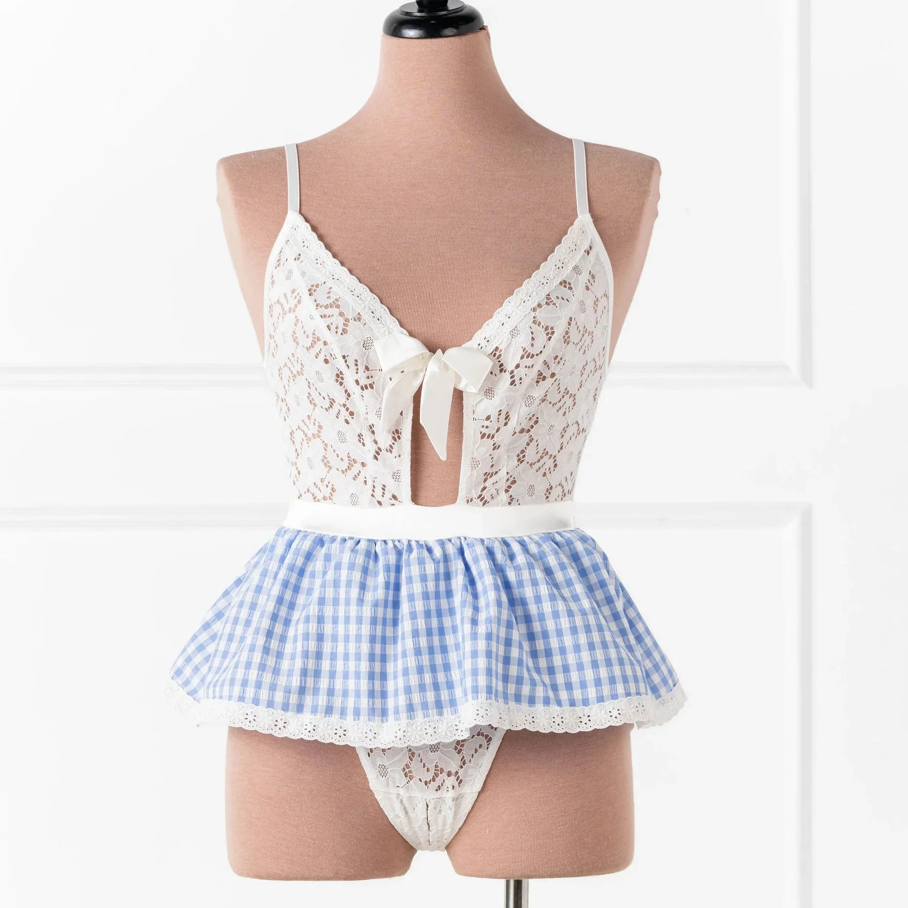 Gingham & Lace Skirted Crotchless Teddy - Blue - Image 2