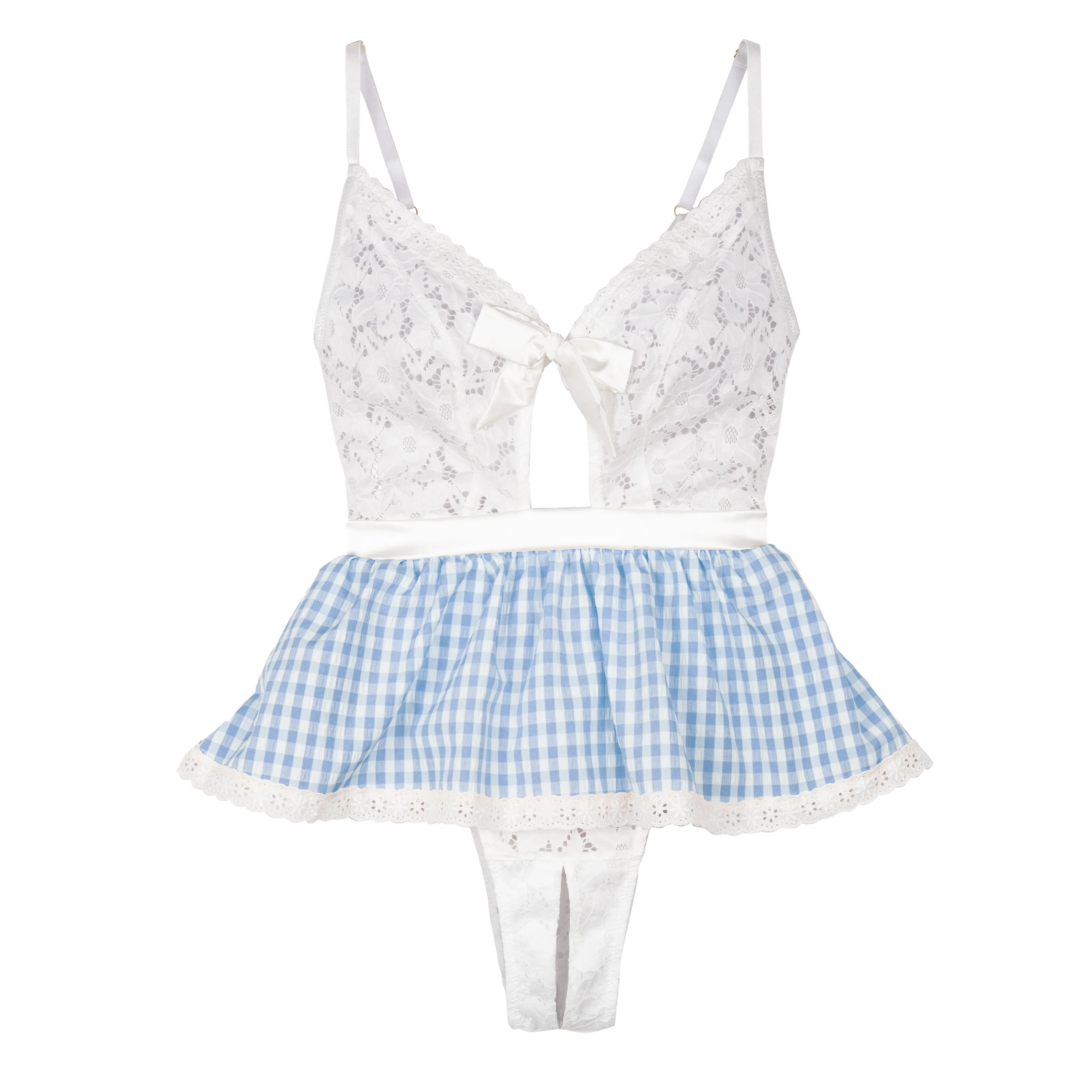 Gingham & Lace Skirted Crotchless Teddy - Blue - Image 9