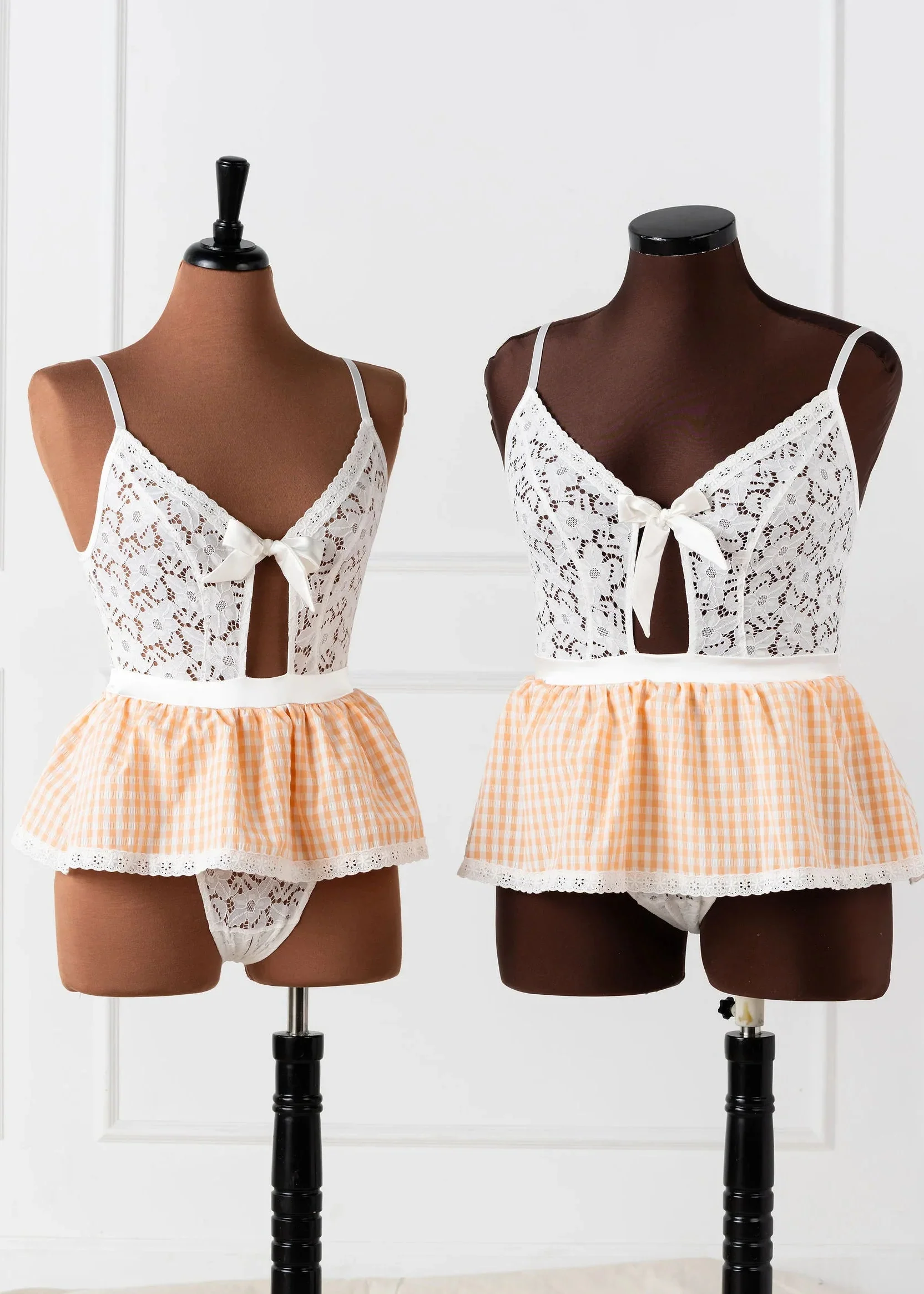 Gingham & Lace Skirted Crotchless Teddy - Peach - Image 11