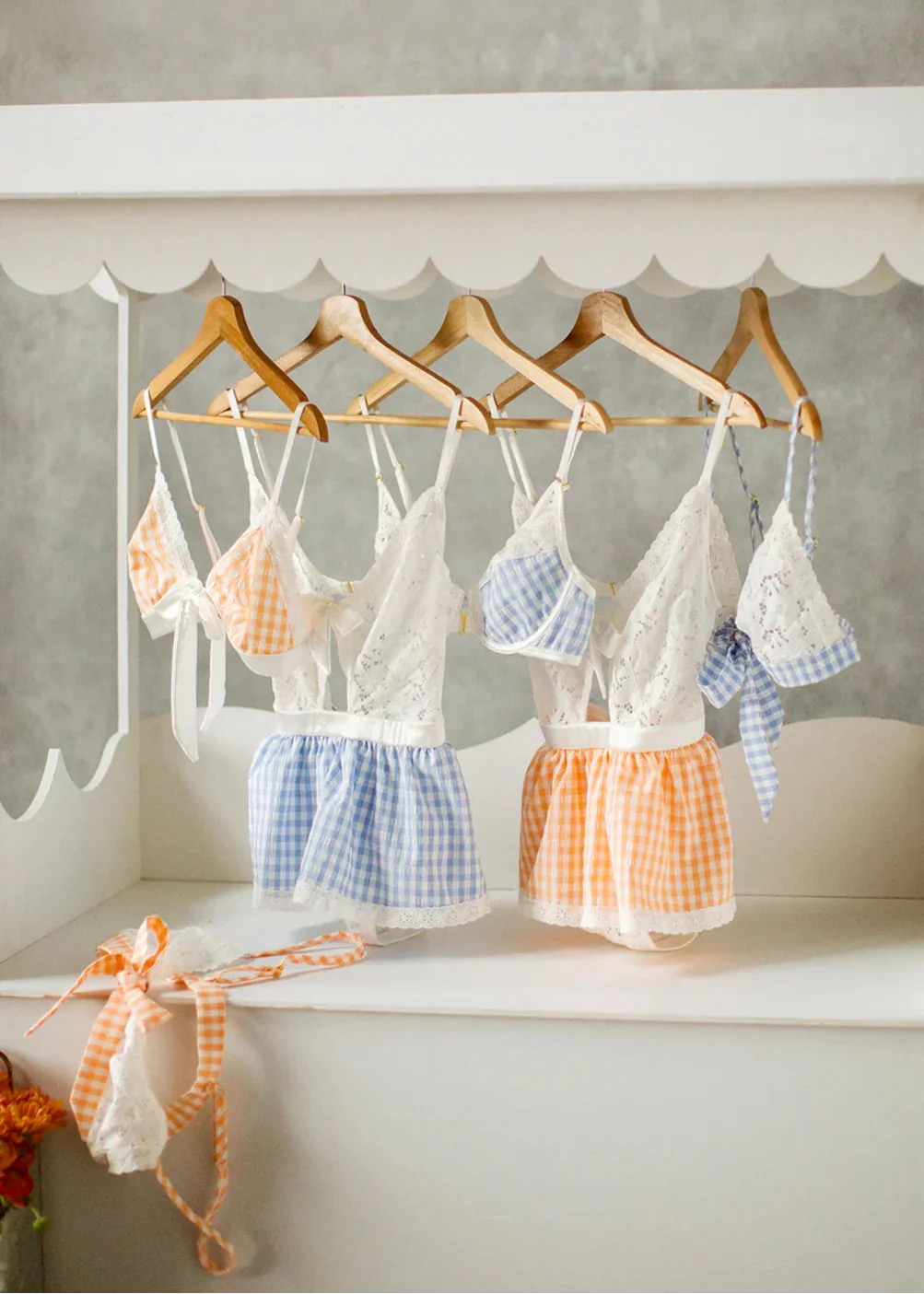 Gingham & Lace Skirted Crotchless Teddy - Peach - Image 12