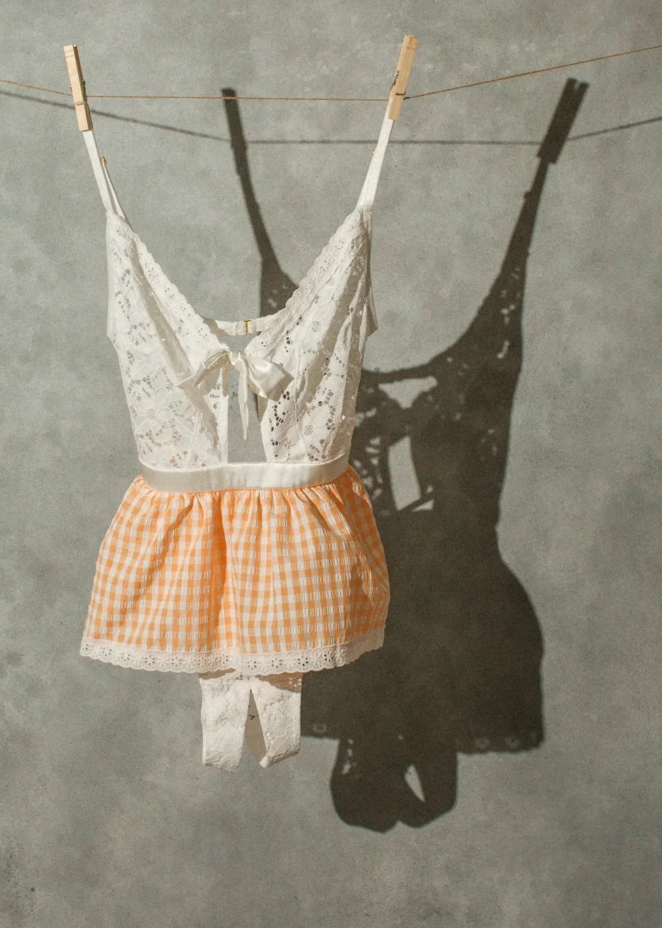 Gingham & Lace Skirted Crotchless Teddy - Peach - Image 17