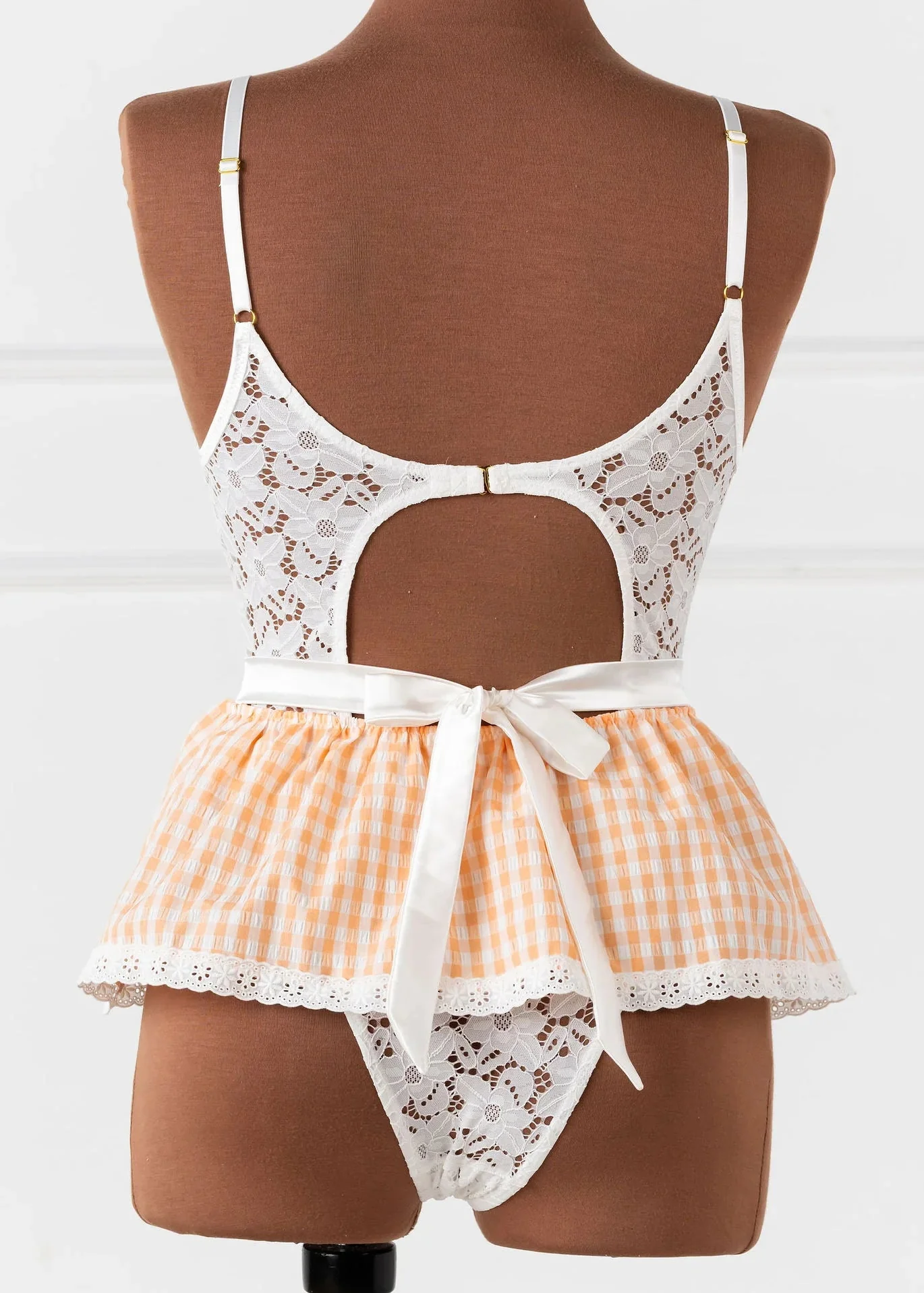 Gingham & Lace Skirted Crotchless Teddy - Peach - Image 4