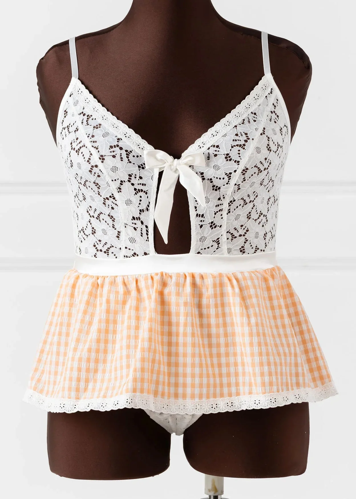 Gingham & Lace Skirted Crotchless Teddy - Peach - Image 9