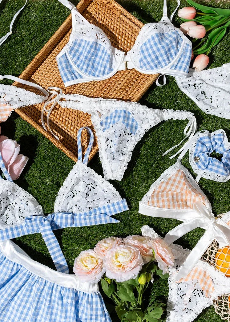 Gingham Underwire Balconette Bralette - Blue - Image 13