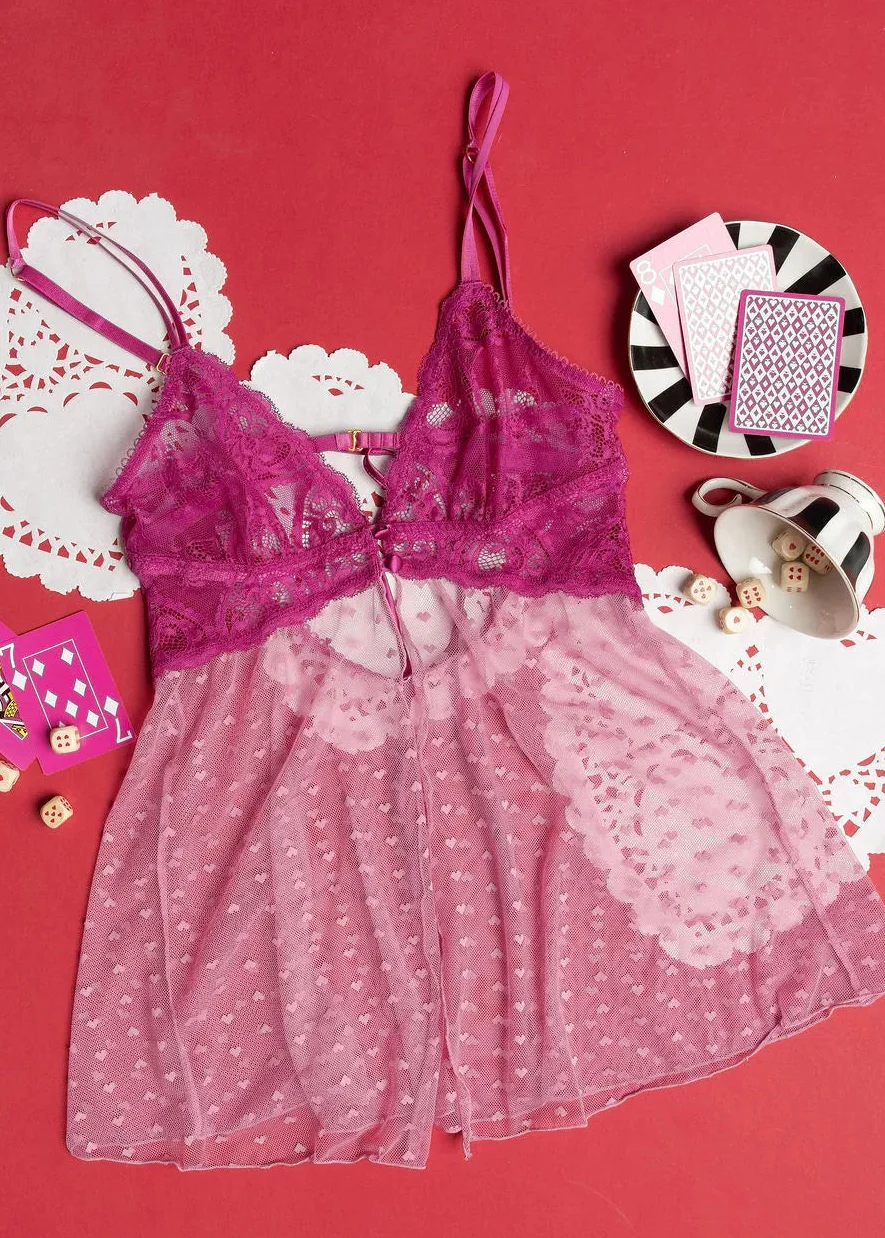 Heart Lace & Mesh Button Babydoll - Fuchsia - Image 11