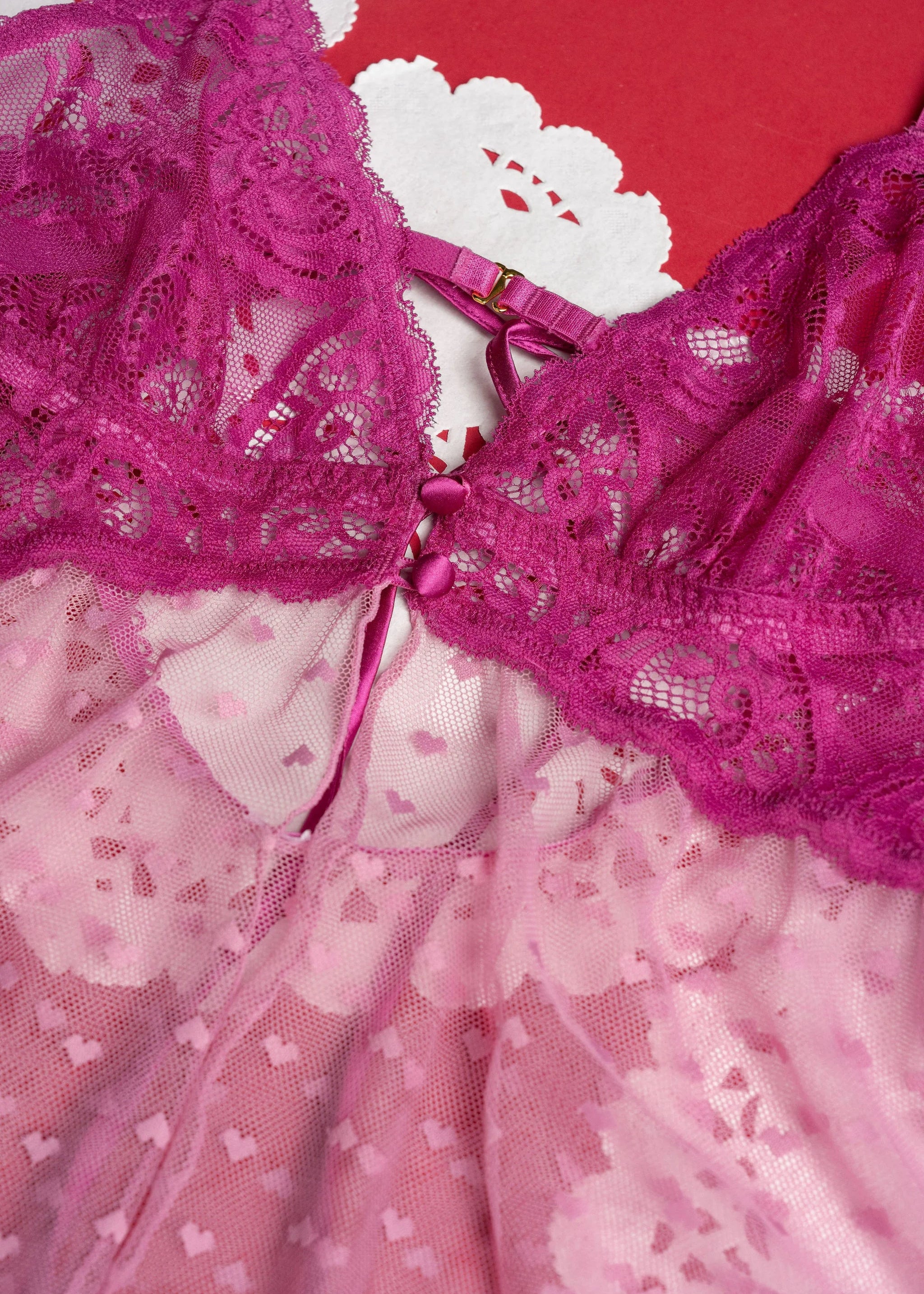 Heart Lace & Mesh Button Babydoll - Fuchsia - Image 12