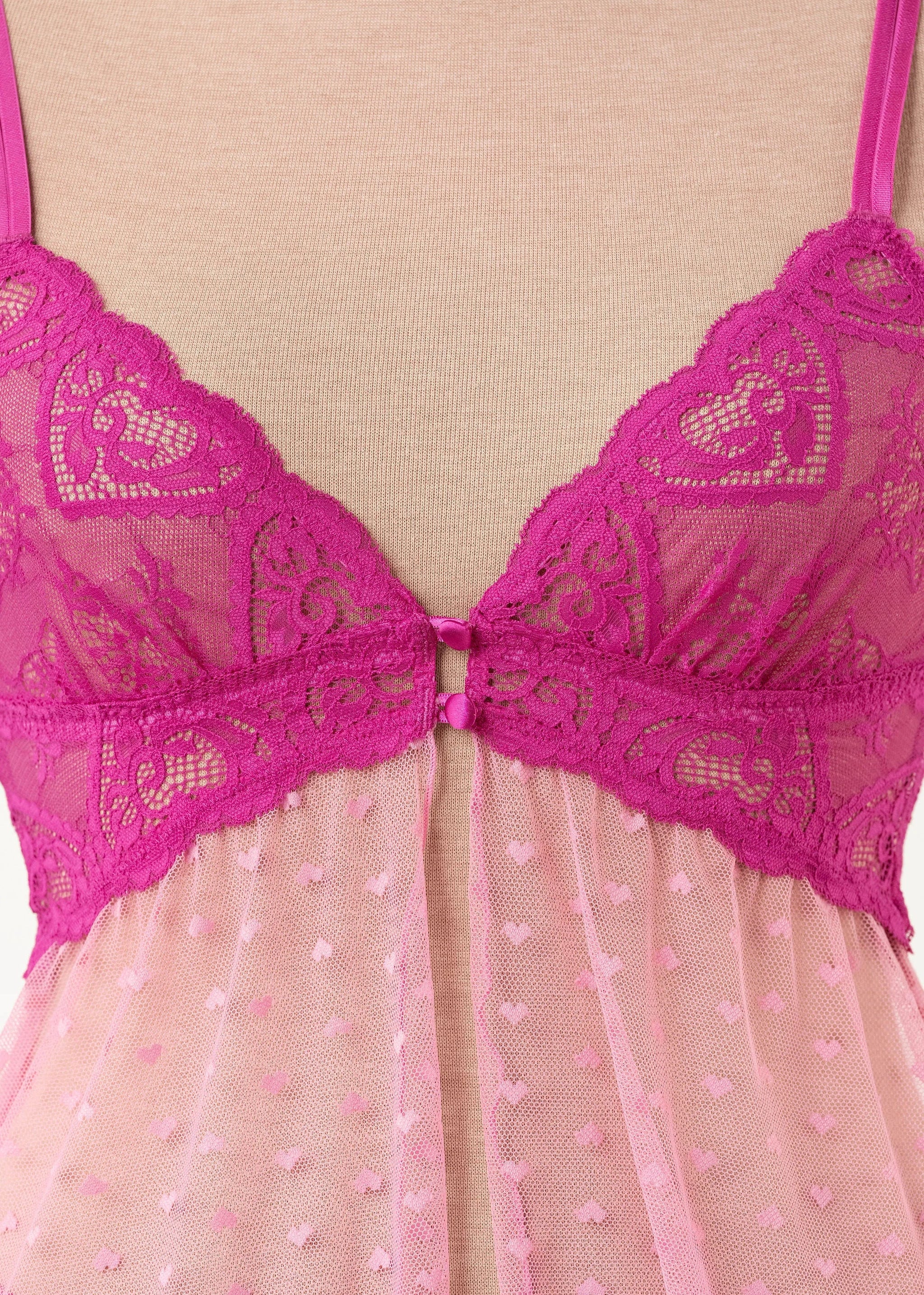 Heart Lace & Mesh Button Babydoll - Fuchsia - Image 5
