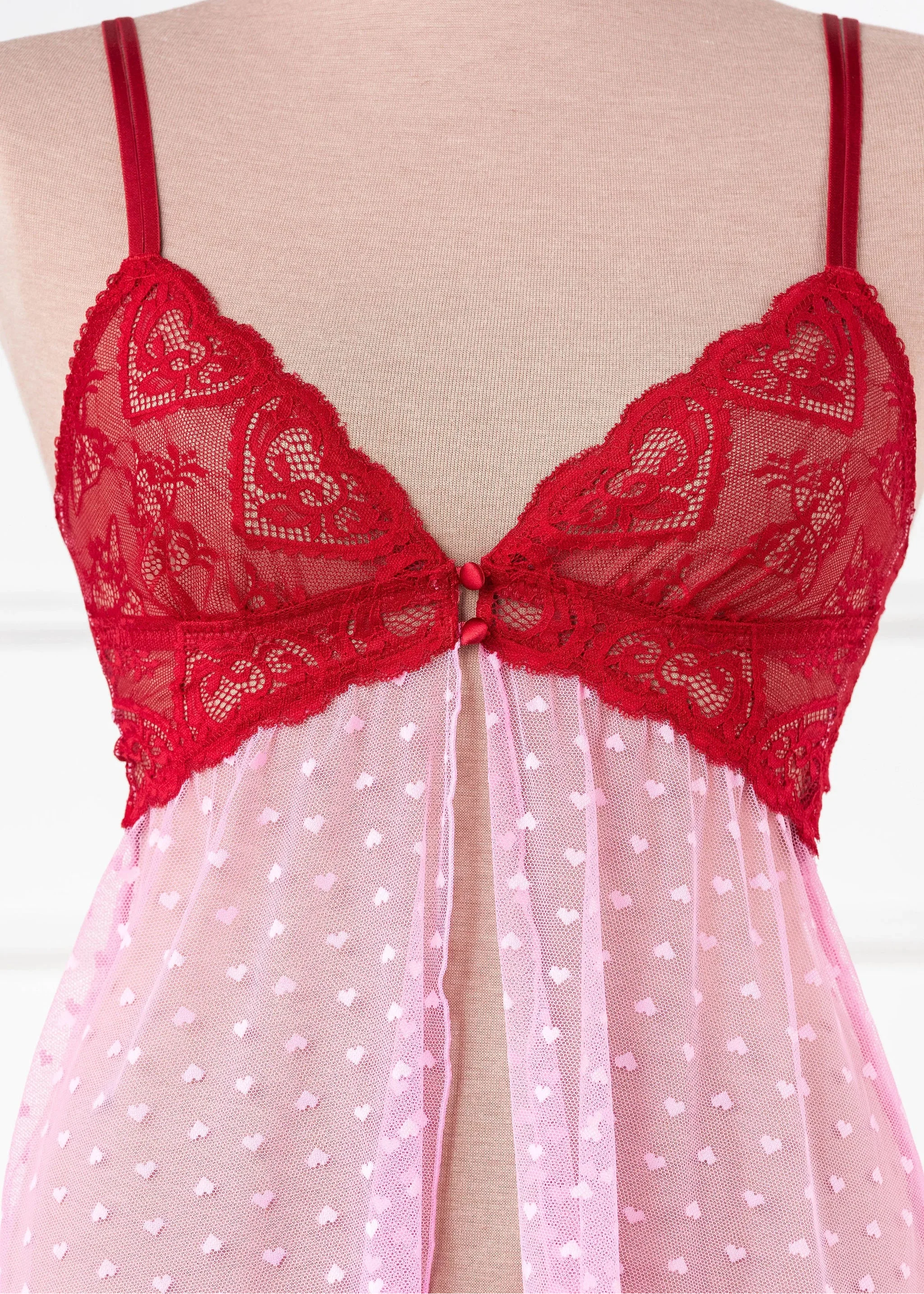 Heart Lace & Mesh Button Babydoll - Red - Image 10