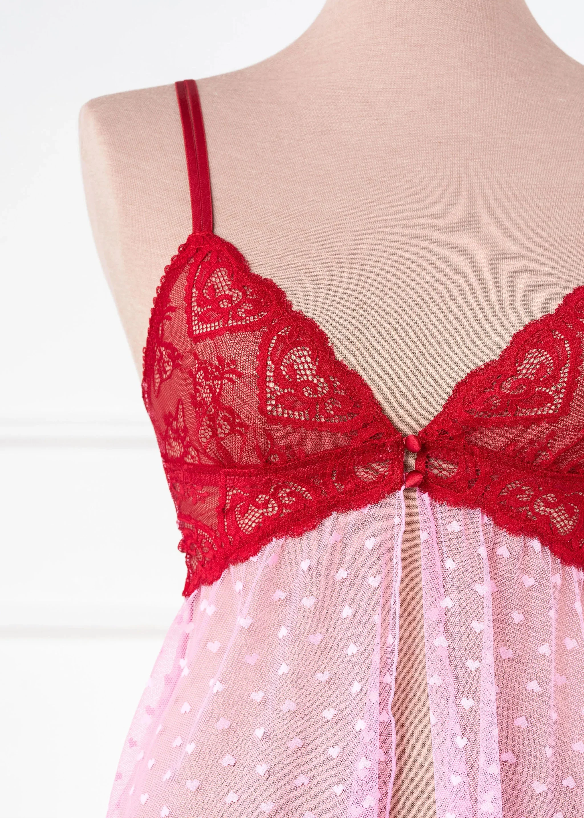 Heart Lace & Mesh Button Babydoll - Red - Image 12