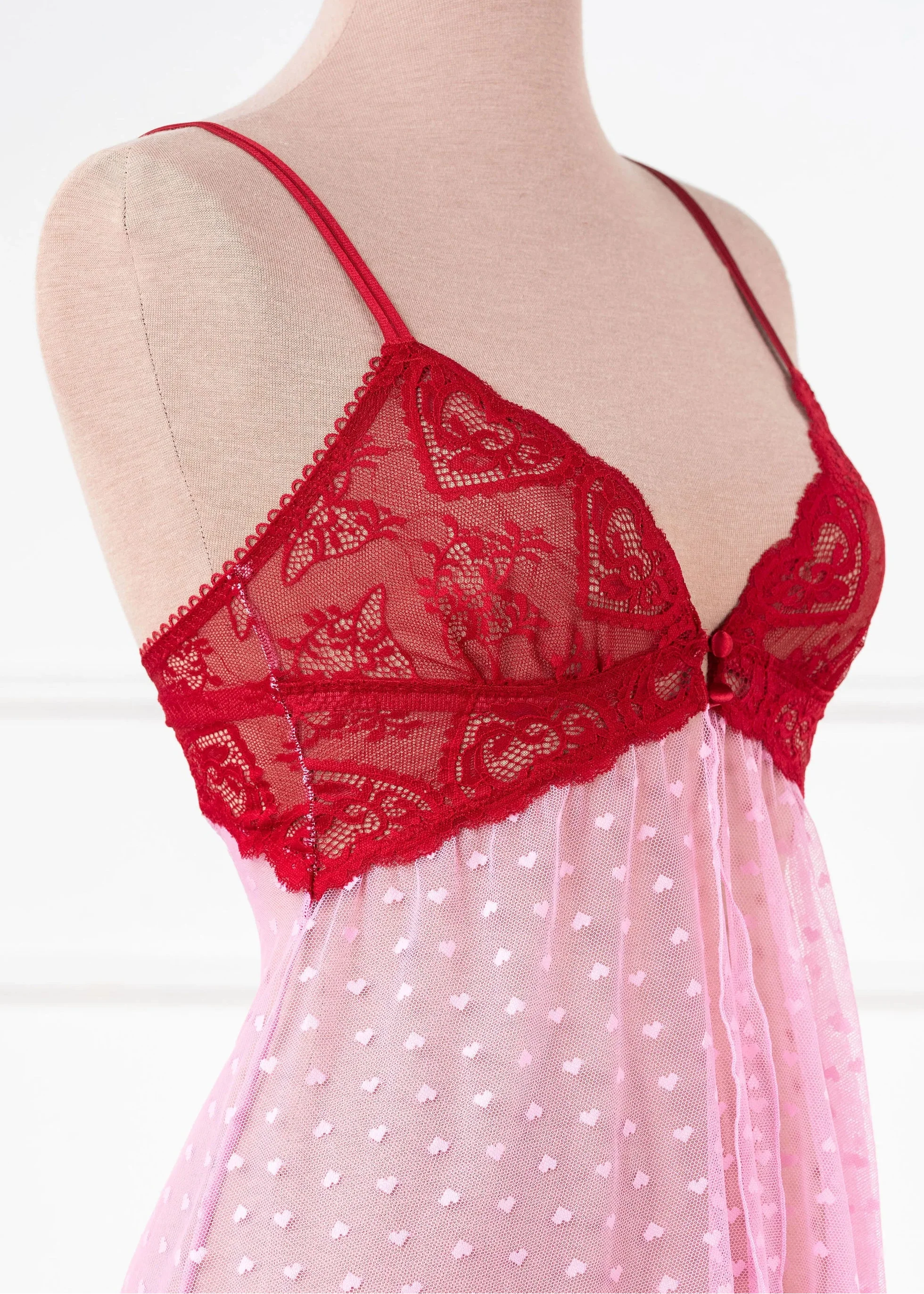 Heart Lace & Mesh Button Babydoll - Red - Image 14
