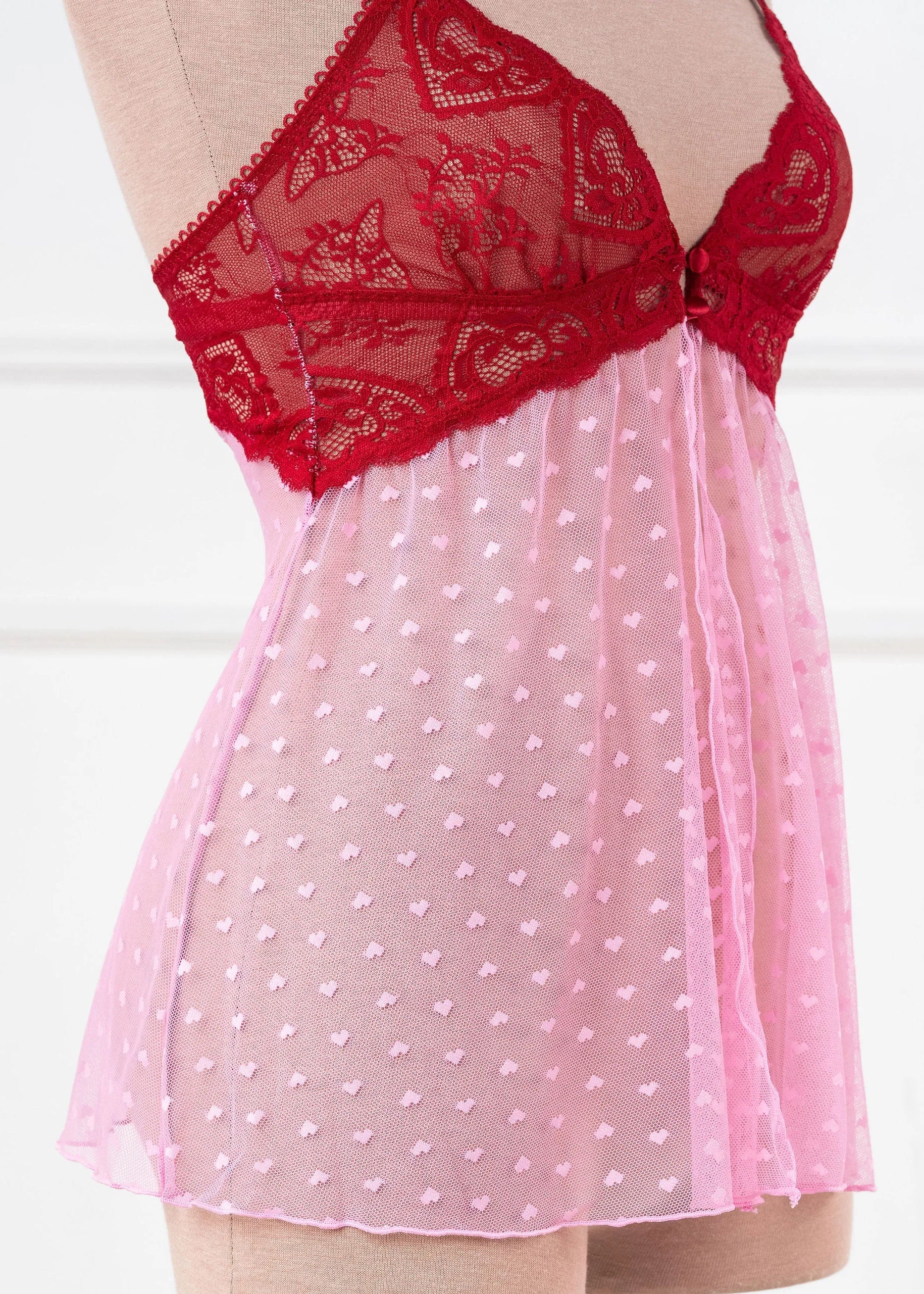 Heart Lace & Mesh Button Babydoll - Red - Image 15